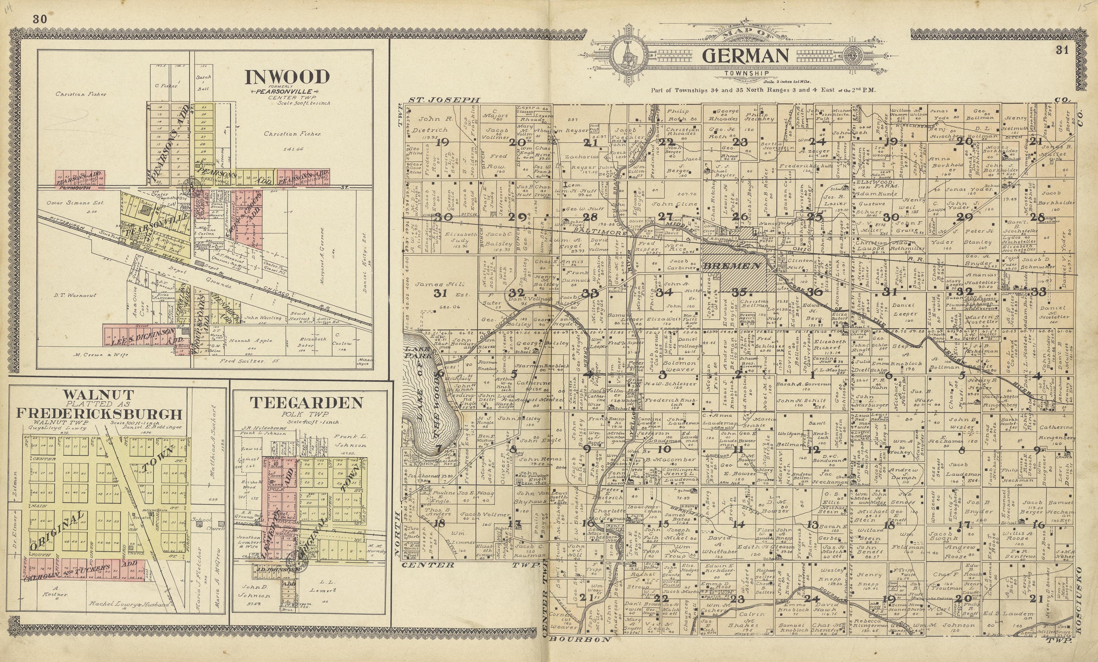 Map of German Township, Inwood, Walnut and Teegarden from Standard Atlas of Marshall County, Indiana : Including a Plat Book of the Villages, Cities and Townships of the County, Map of the State, United States and World, Patrons Directory, Reference B... by Relic Map Company