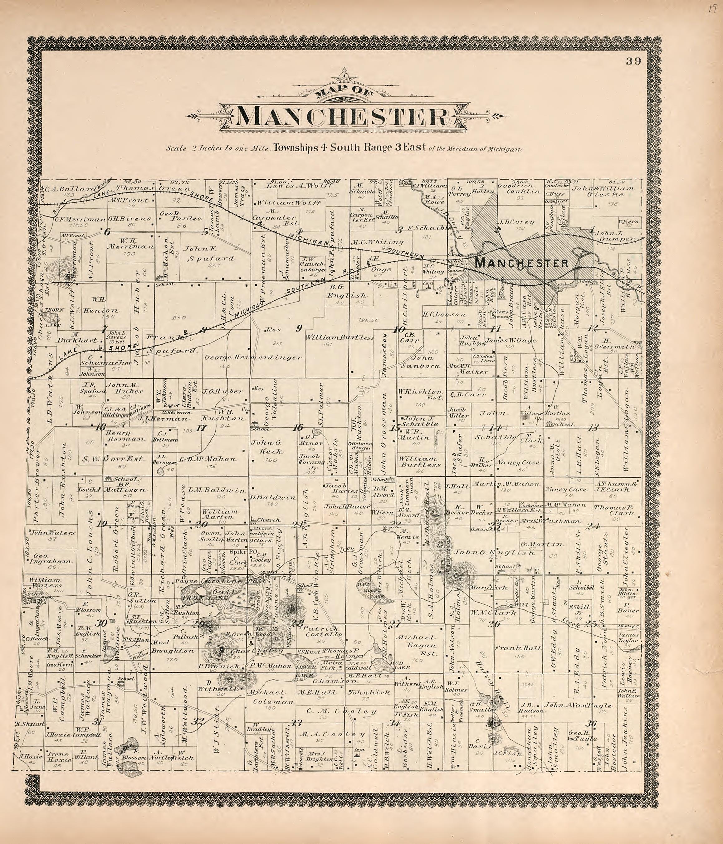Map of Manchester from Standard Atlas of Washtenaw County, Michigan : Including a Plat Book of the Villages, Cities and Townships of the County, Map of the State, United States and World, Farmers Directory, Reference Business … 1895 by Relic Map Company