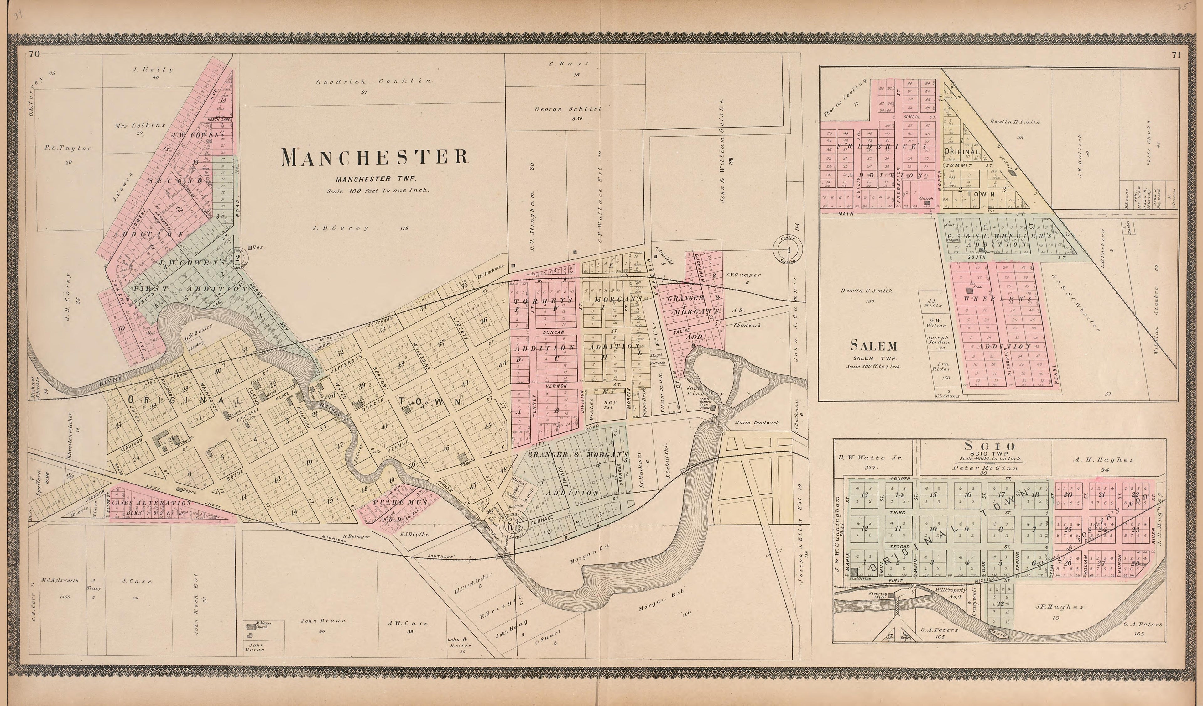 Manchester; Salem; Scio from Standard Atlas of Washtenaw County, Michigan : Including a Plat Book of the Villages, Cities and Townships of the County, Map of the State, United States and World, Farmers Directory, Reference Business … 1895 by Relic Map Company