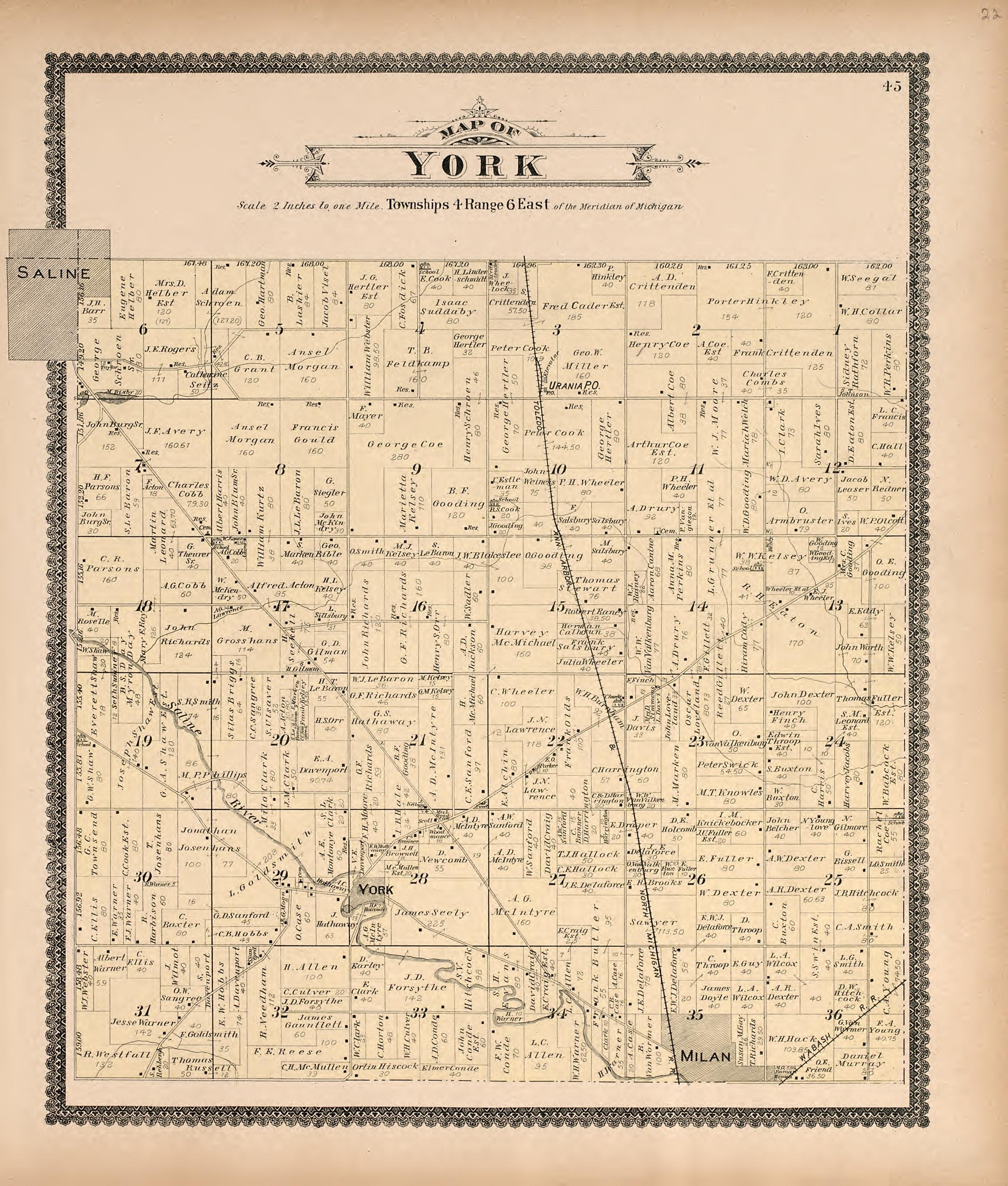 Map of York from Standard Atlas of Washtenaw County, Michigan : Including a Plat Book of the Villages, Cities and Townships of the County, Map of the State, United States and World, Farmers Directory, Reference Business … 1895 by Relic Map Company
