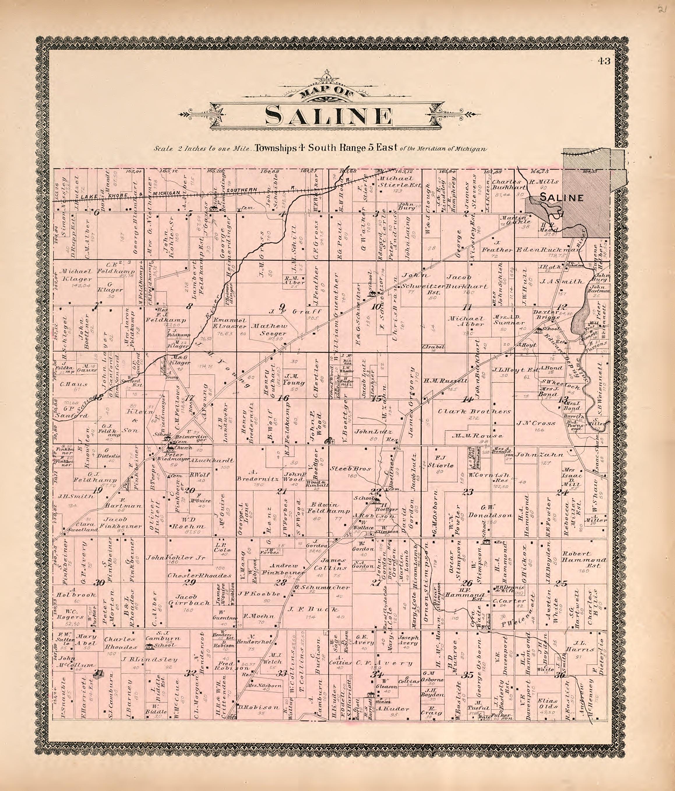 Map of Saline from Standard Atlas of Washtenaw County, Michigan : Including a Plat Book of the Villages, Cities and Townships of the County, Map of the State, United States and World, Farmers Directory, Reference Business … 1895 by Relic Map Company