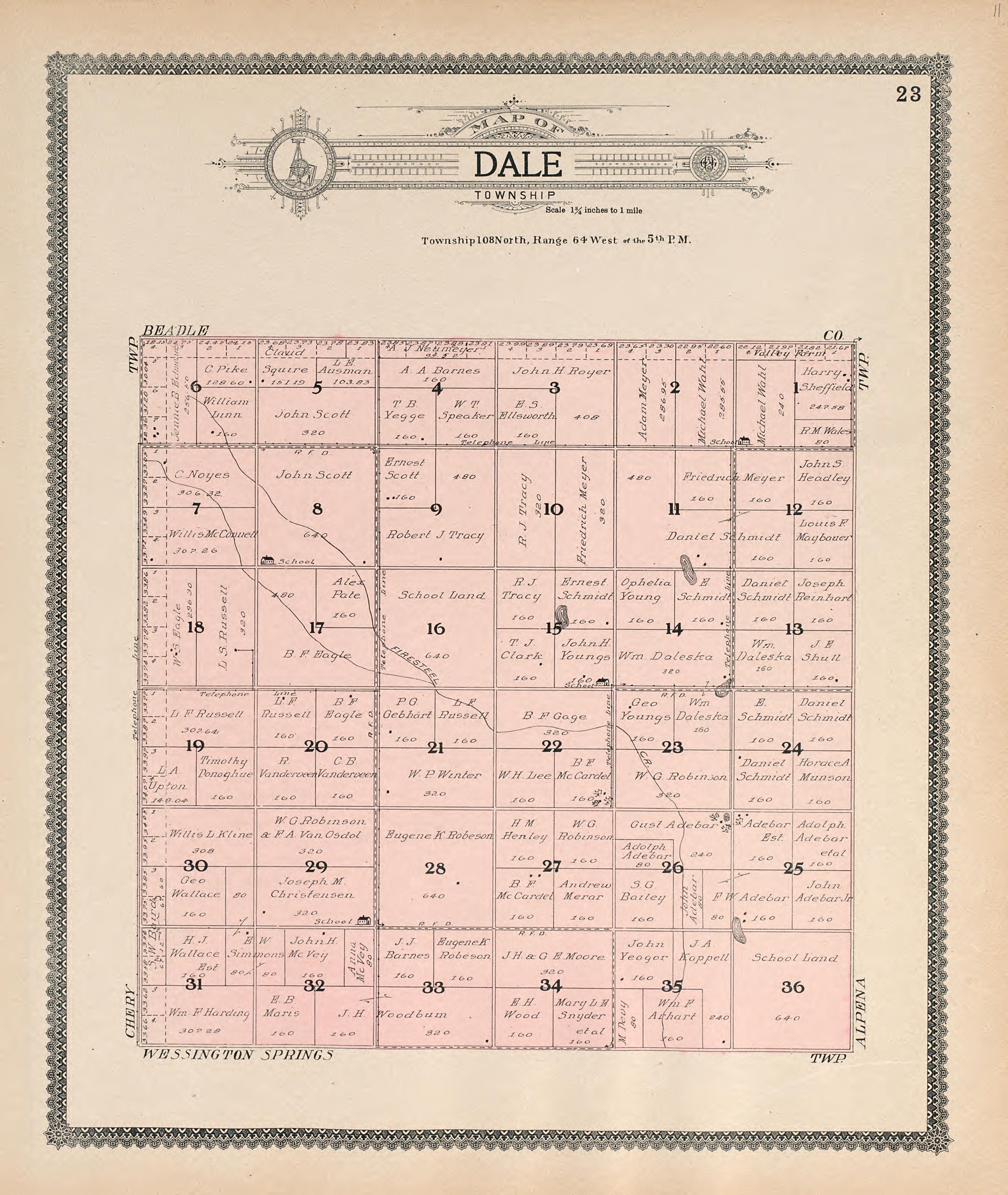 Map of Dale Township from Standard Atlas of Jerauld County, South Dakota : Including a Plat Book of the Villages, Cities and Townships of the County, Map of the State, United States and World, Patrons Directory, Reference … 1909 by Relic Map Company