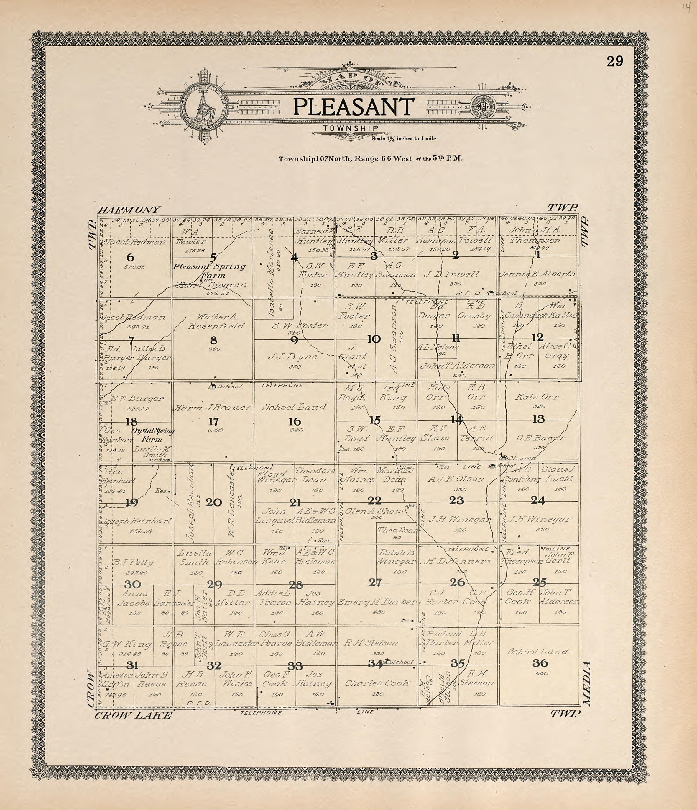 Map of Pleasant Township from Standard Atlas of Jerauld County, South Dakota : Including a Plat Book of the Villages, Cities and Townships of the County, Map of the State, United States and World, Patrons Directory, Reference … 1909 by Relic Map Company