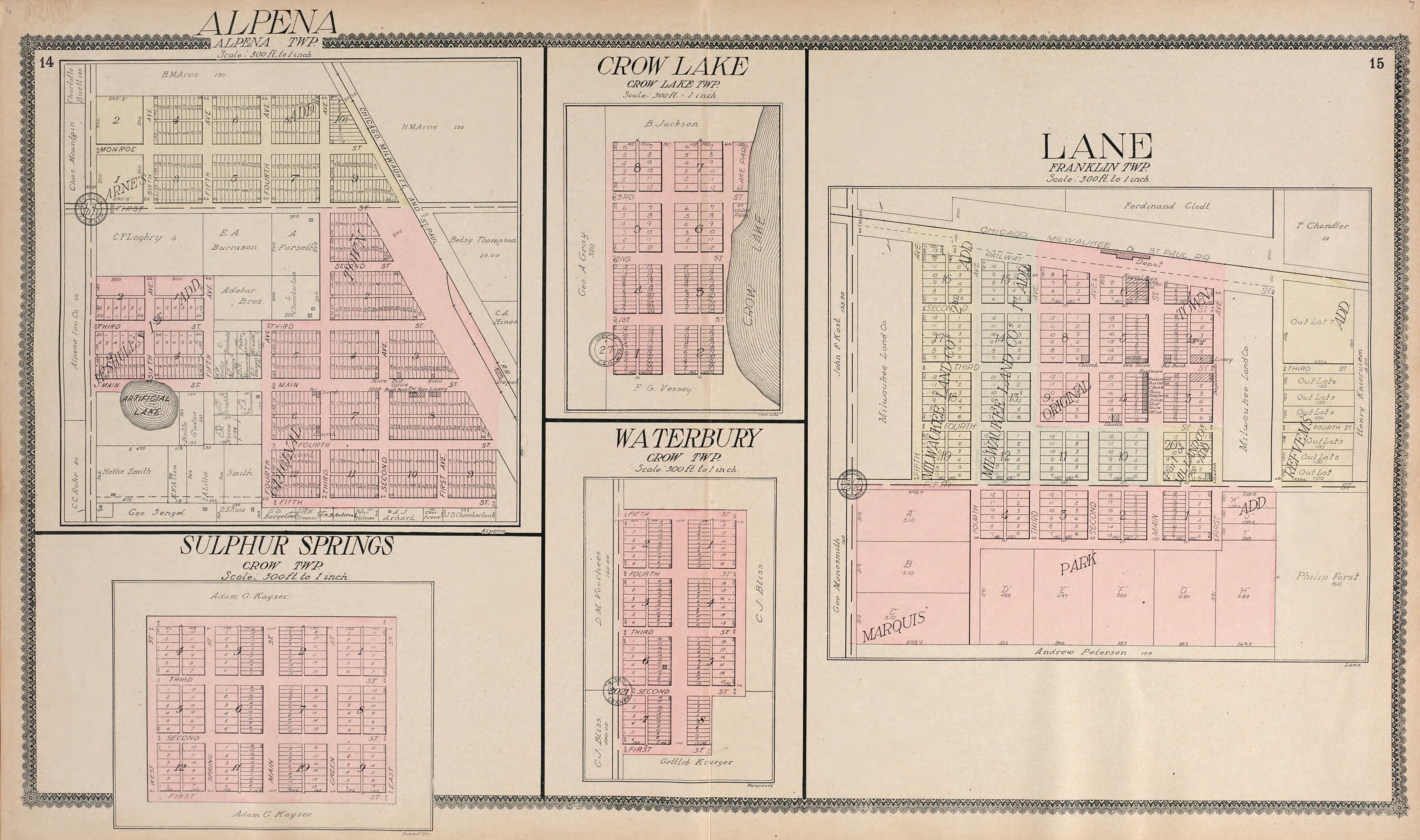 Alpena; Crow Lake; Lane; Sulphur Springs; Waterbury from Standard Atlas of Jerauld County, South Dakota : Including a Plat Book of the Villages, Cities and Townships of the County, Map of the State, United States and World, Patrons Directory, Referenc... by Relic Map Company