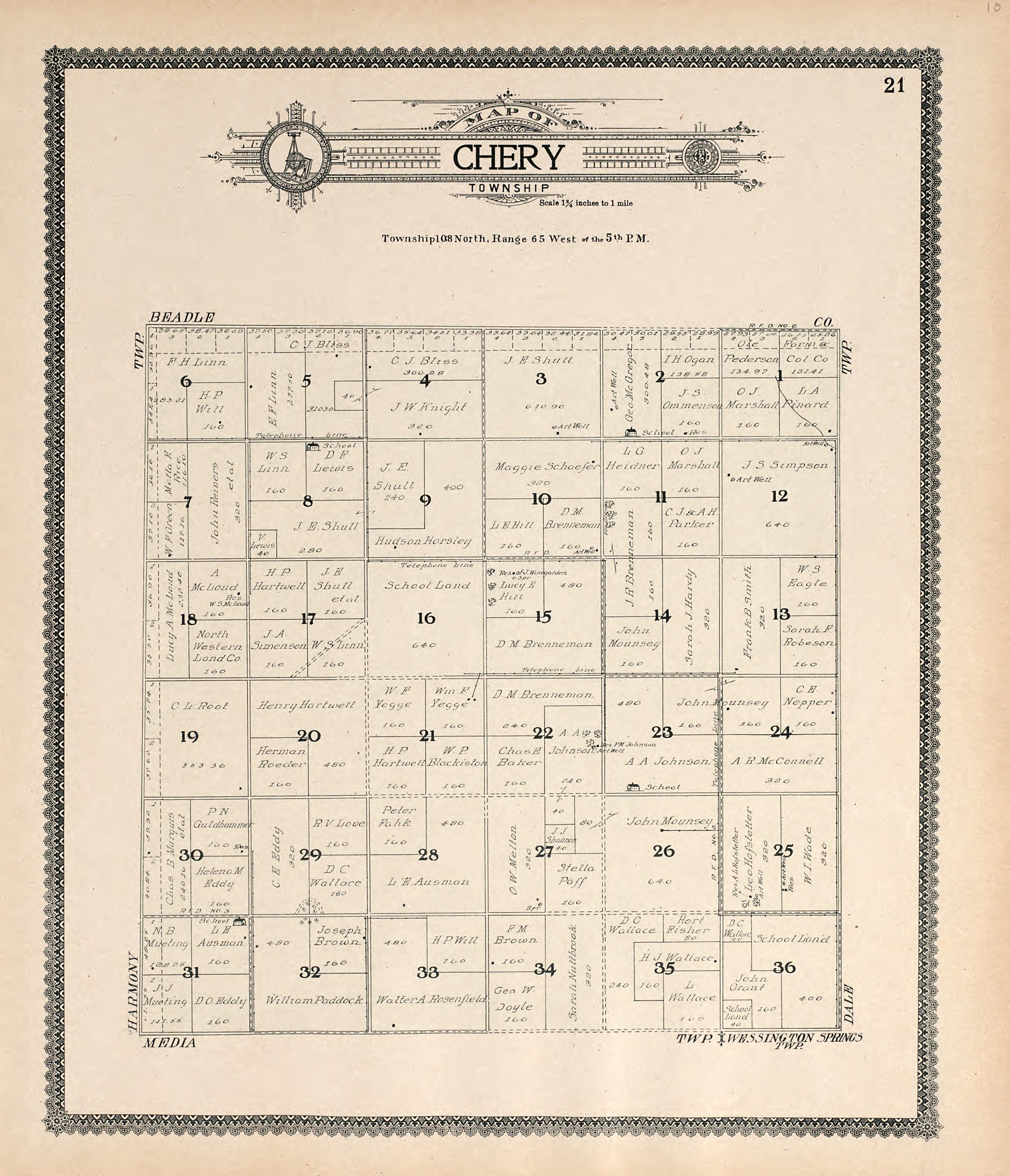 Map of Chery Township from Standard Atlas of Jerauld County, South Dakota : Including a Plat Book of the Villages, Cities and Townships of the County, Map of the State, United States and World, Patrons Directory, Reference … 1909 by Relic Map Company