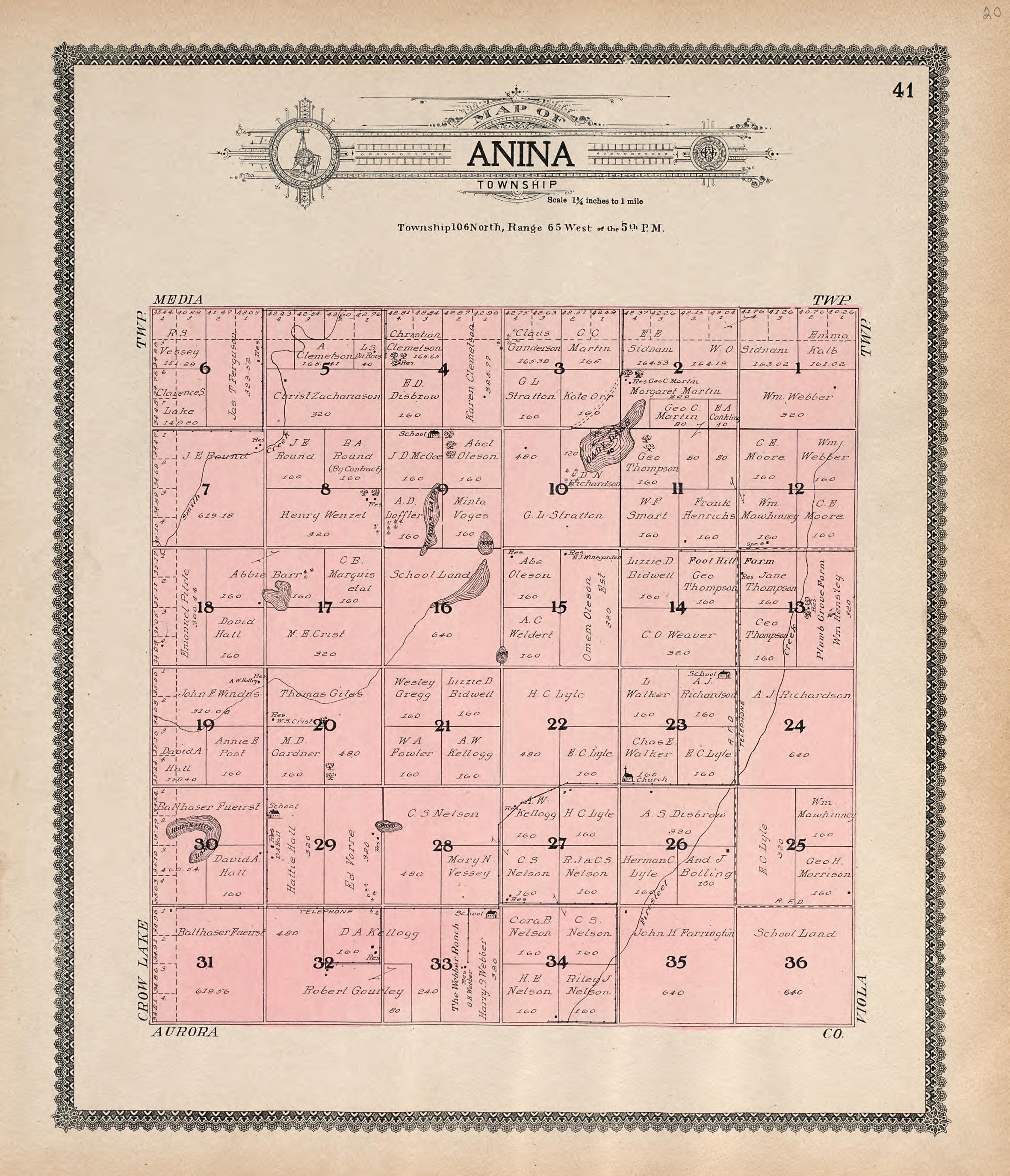 Map of Anina Township from Standard Atlas of Jerauld County, South Dakota : Including a Plat Book of the Villages, Cities and Townships of the County, Map of the State, United States and World, Patrons Directory, Reference … 1909 by Relic Map Company