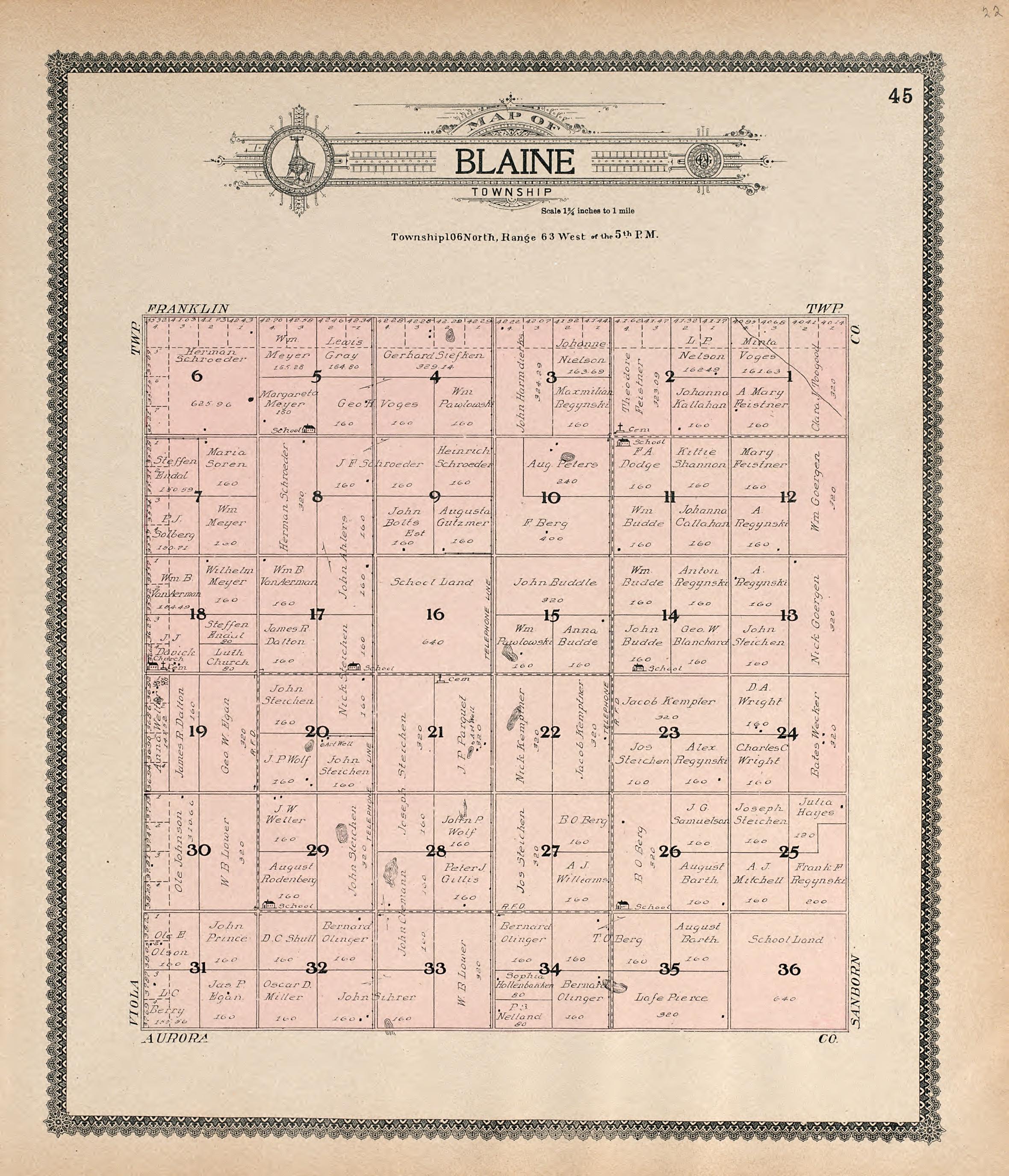 Map of Blaine Township from Standard Atlas of Jerauld County, South Dakota : Including a Plat Book of the Villages, Cities and Townships of the County, Map of the State, United States and World, Patrons Directory, Reference … 1909 by Relic Map Company
