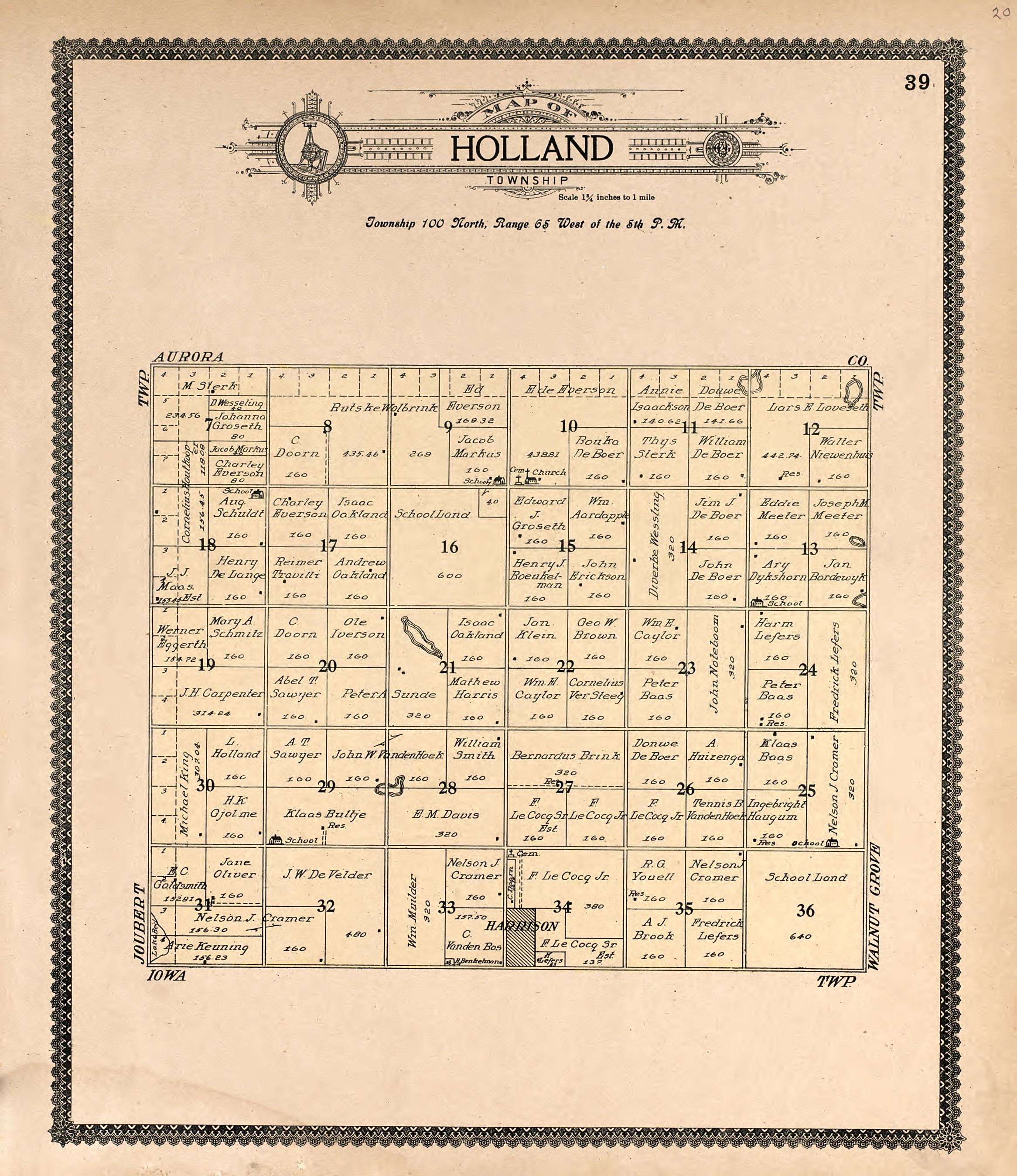 Map of Holland Township from Standard Atlas of Douglas County, South Dakota : Including a Plat Book of the Villages, Cities and Townships of the County, Map of the State, United States and World, Patrons Directory, Reference … 1909 by Relic Map Company