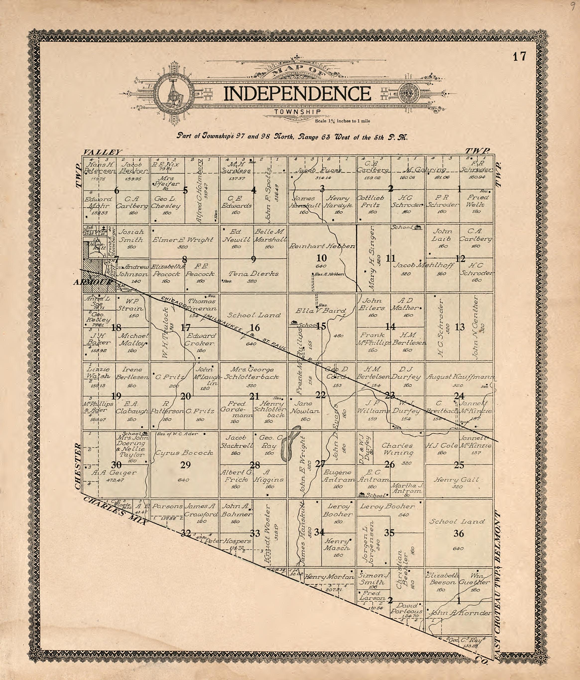 Map of Independence Township from Standard Atlas of Douglas County, South Dakota : Including a Plat Book of the Villages, Cities and Townships of the County, Map of the State, United States and World, Patrons Directory, Reference … 1909 by Relic Map Company
