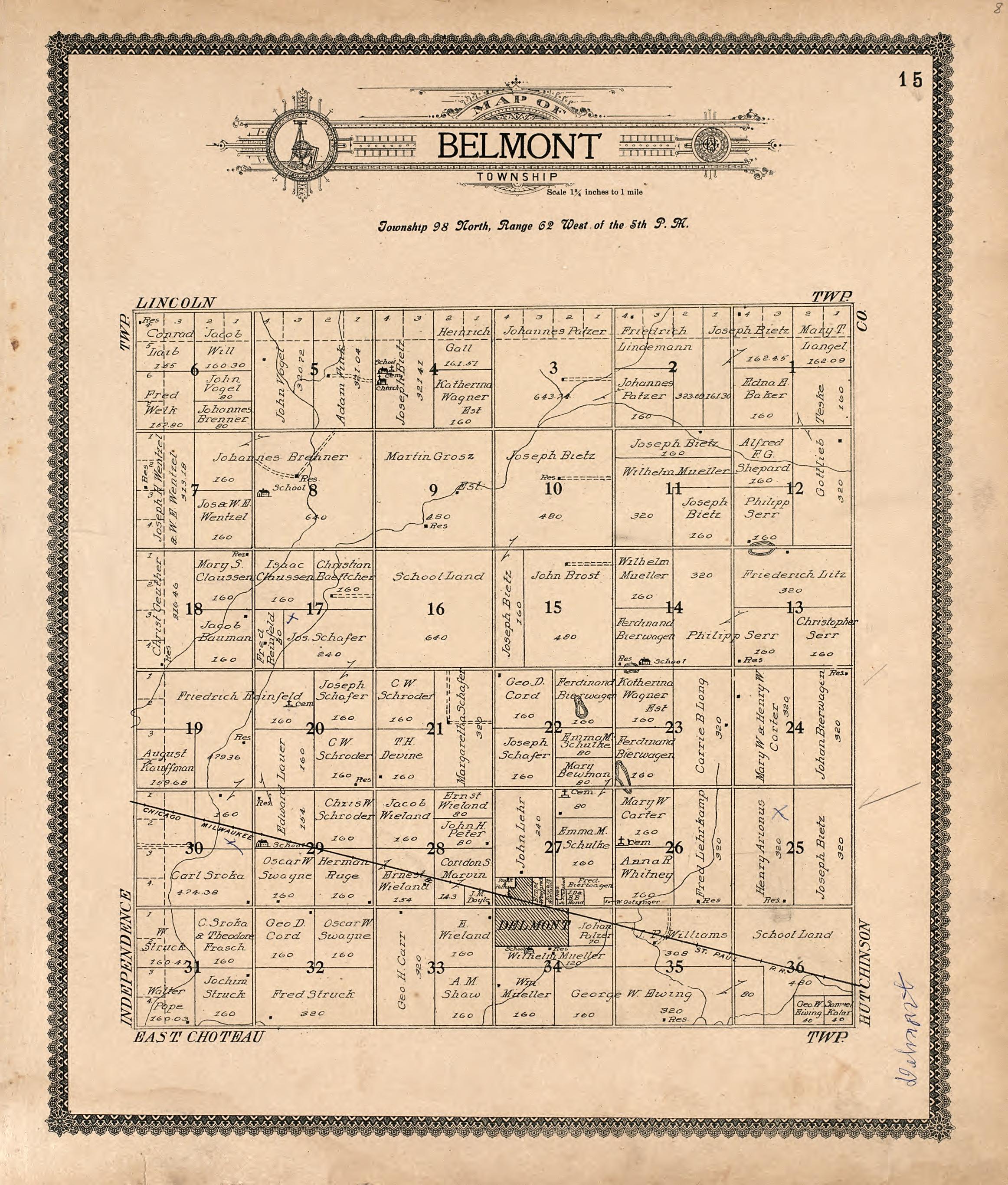 Map of Belmont Township from Standard Atlas of Douglas County, South Dakota : Including a Plat Book of the Villages, Cities and Townships of the County, Map of the State, United States and World, Patrons Directory, Reference … 1909 by Relic Map Company