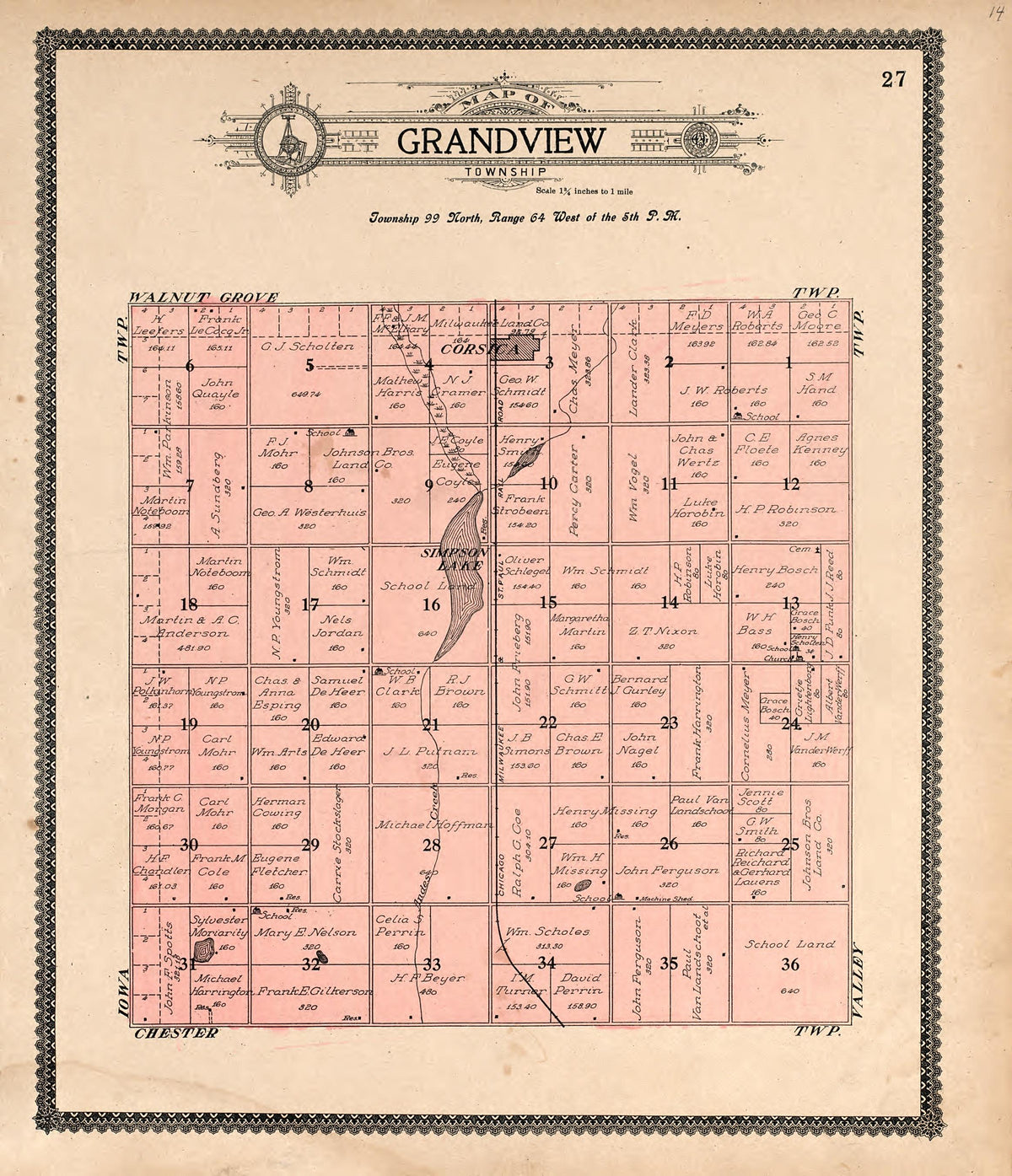Map of Grandview Township from Standard Atlas of Douglas County, South Dakota : Including a Plat Book of the Villages, Cities and Townships of the County, Map of the State, United States and World, Patrons Directory, Reference … 1909 by Relic Map Company