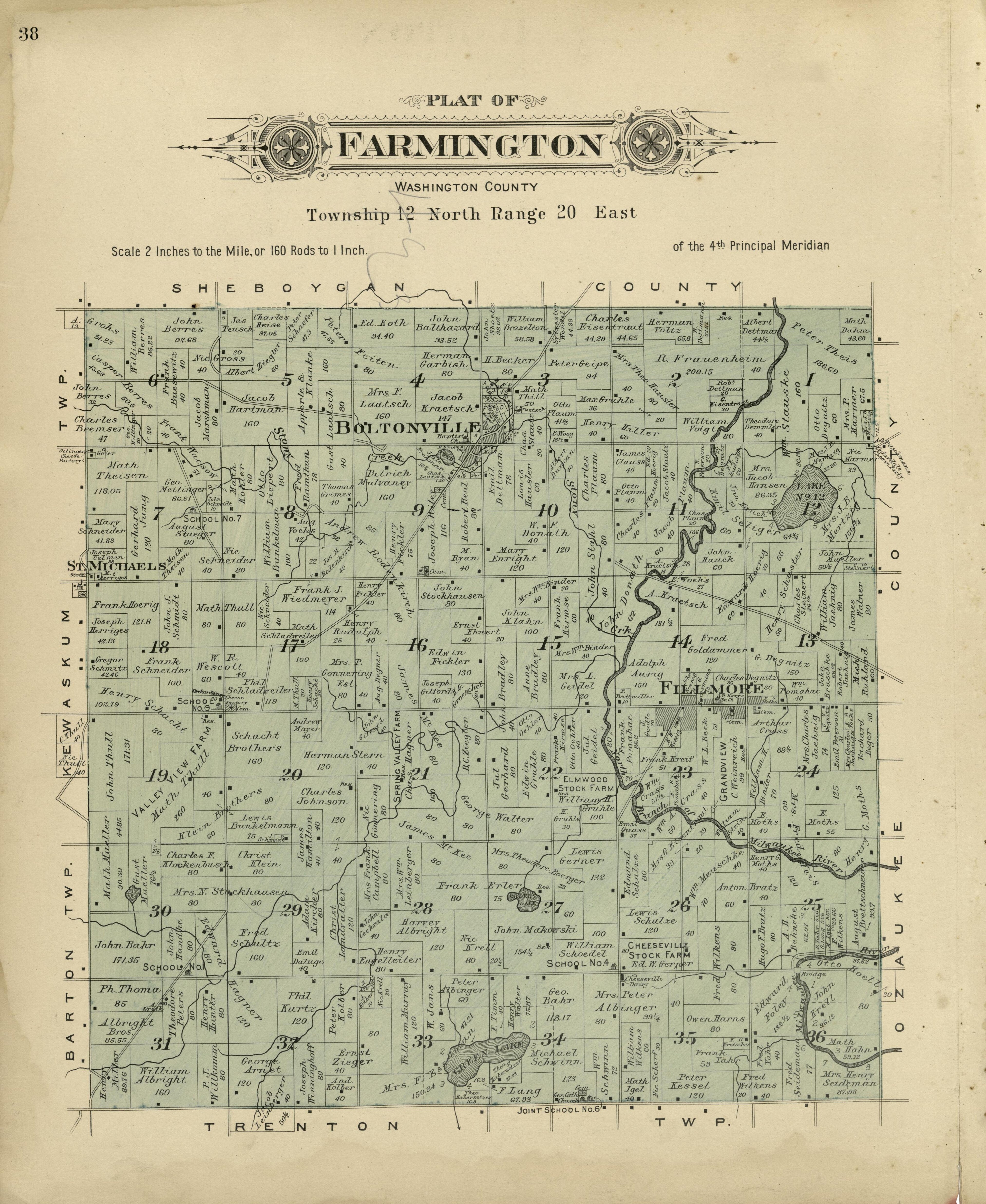 Plat of Farmington, Washington County from Plat Book of Washington and Ozaukee Counties, Wisconsin : Compiled from County Records and Actual Surveys 1915 by Relic Map Company