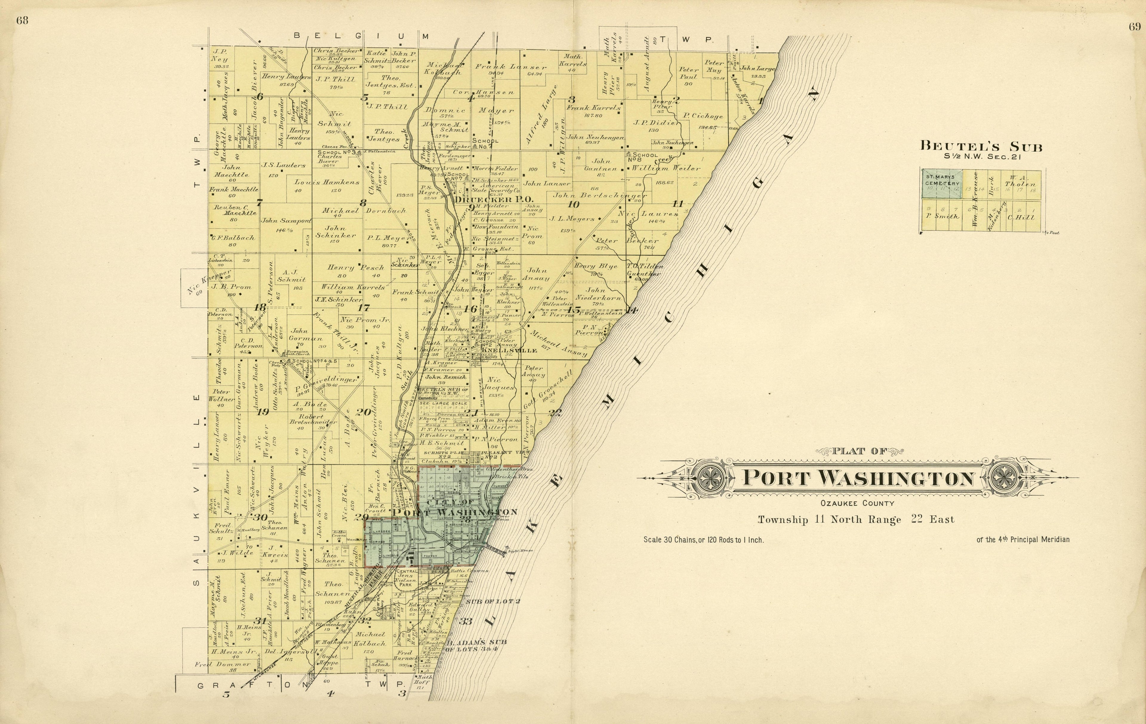 Plat of Port Washington, Ozaukee County from Plat Book of Washington and Ozaukee Counties, Wisconsin : Compiled from County Records and Actual Surveys 1915 by Relic Map Company