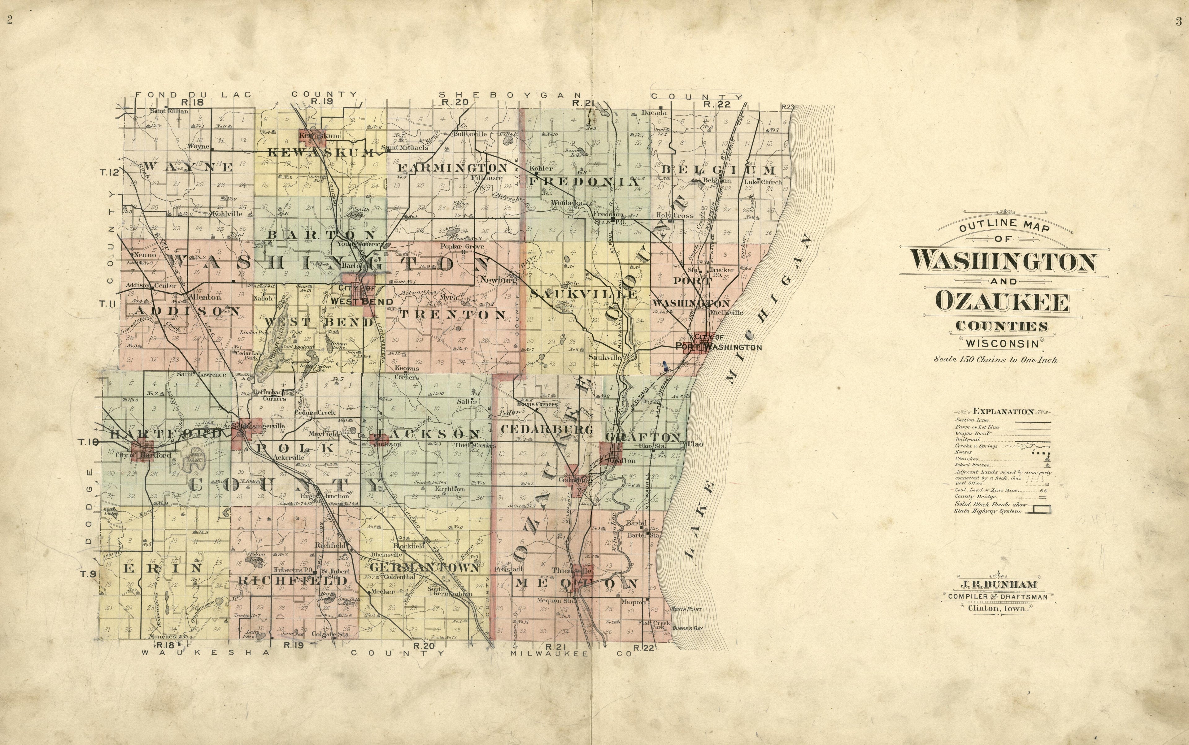 Outline Map of Washington and Ozaukee Counties, Wisonsin from Plat Book of Washington and Ozaukee Counties, Wisconsin : Compiled from County Records and Actual Surveys 1915 by Relic Map Company