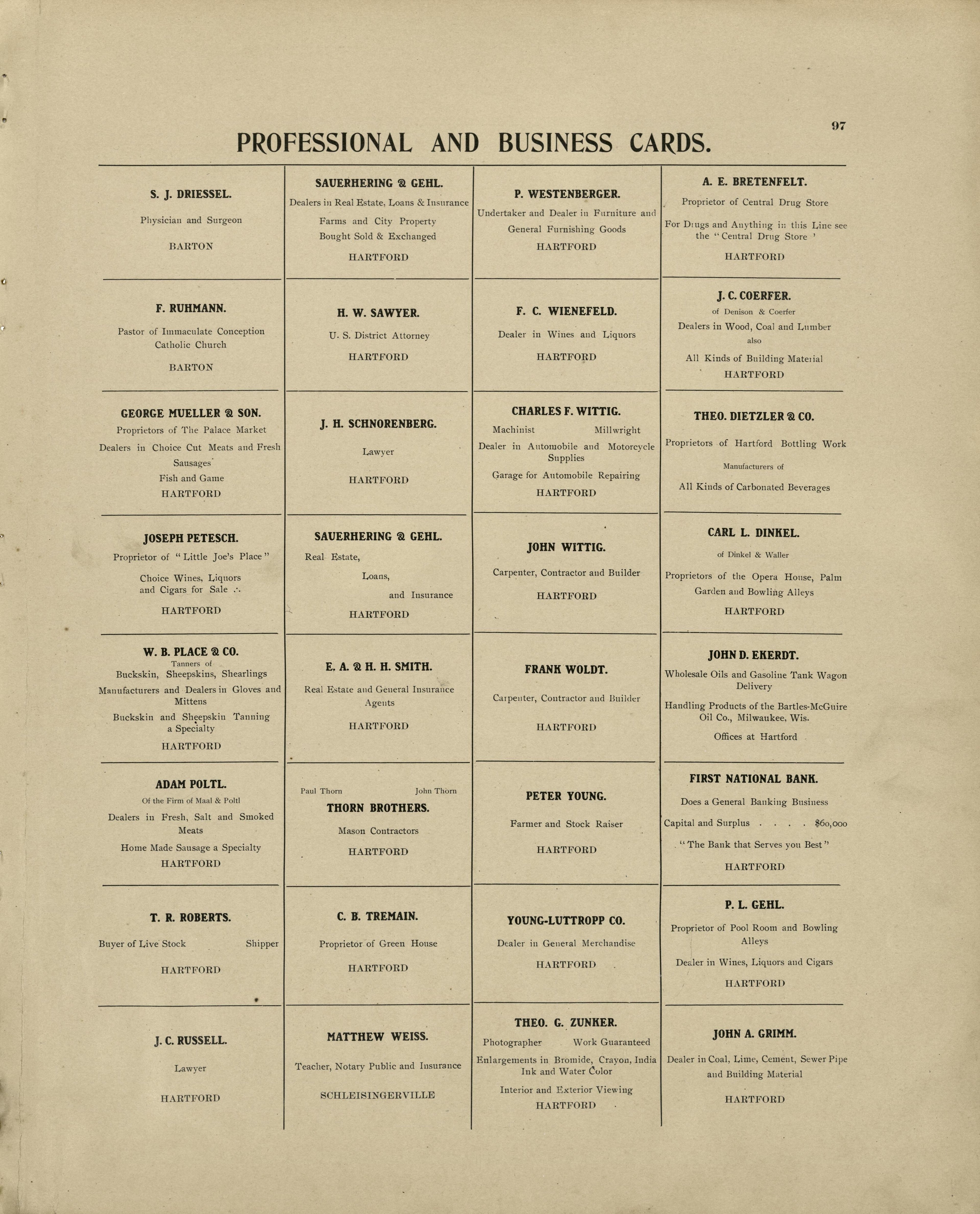 Professional and Buisness Cards from Plat Book of Washington and Ozaukee Counties, Wisconsin : Compiled from County Records and Actual Surveys 1915 by Relic Map Company