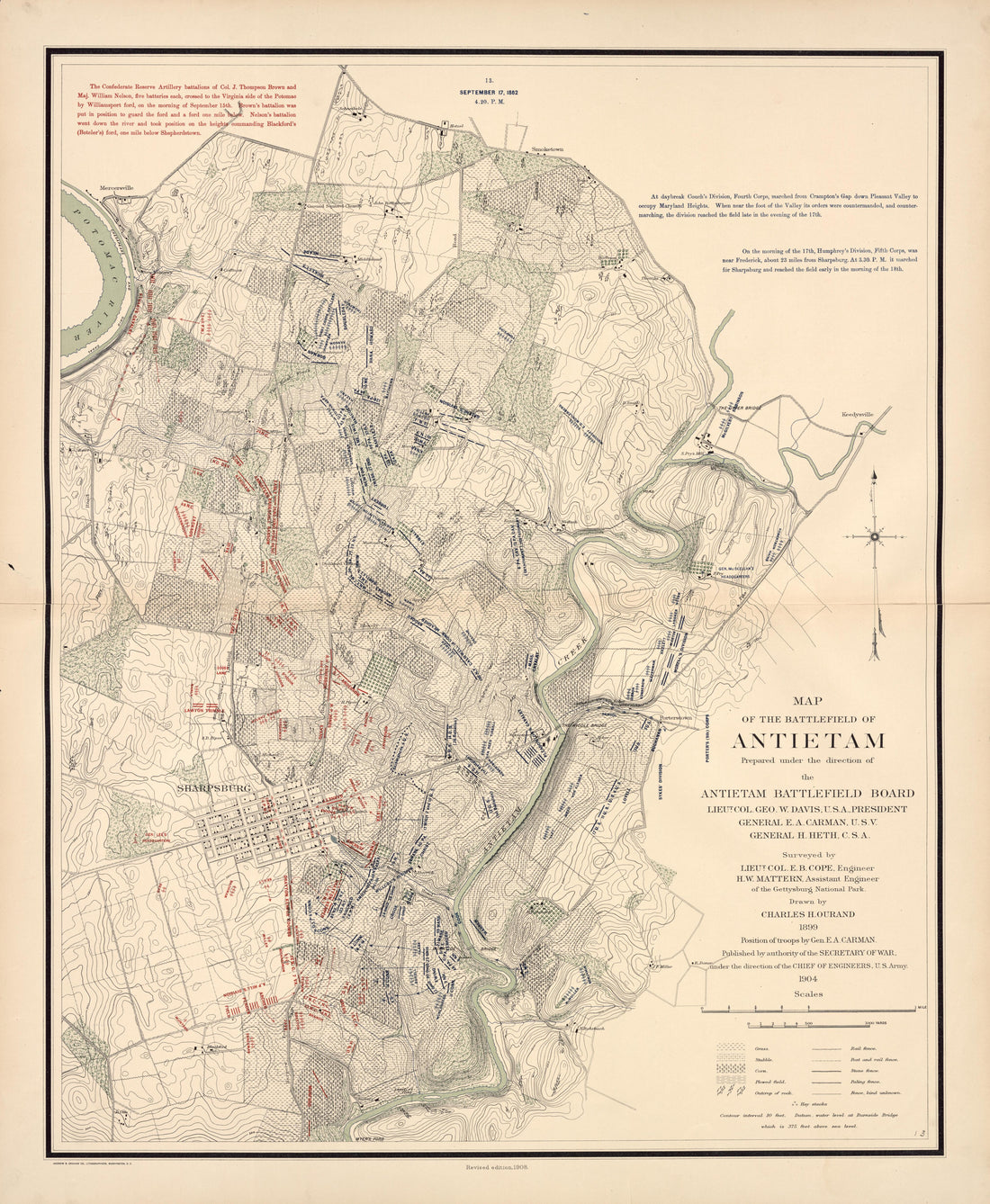 Map of the Battlefield of Antietam, Sept. 17th - 4:20PM from Atlas of the Battlefield of Antietam, Prepared Under the Direction of the Antietam Battlefield Board, Lieut. Col. Geo. W. Davis, U.S.A., President, Gen. E.A. Carman, U.S.V., Gen. H Heth, C.S... by Relic Map Company