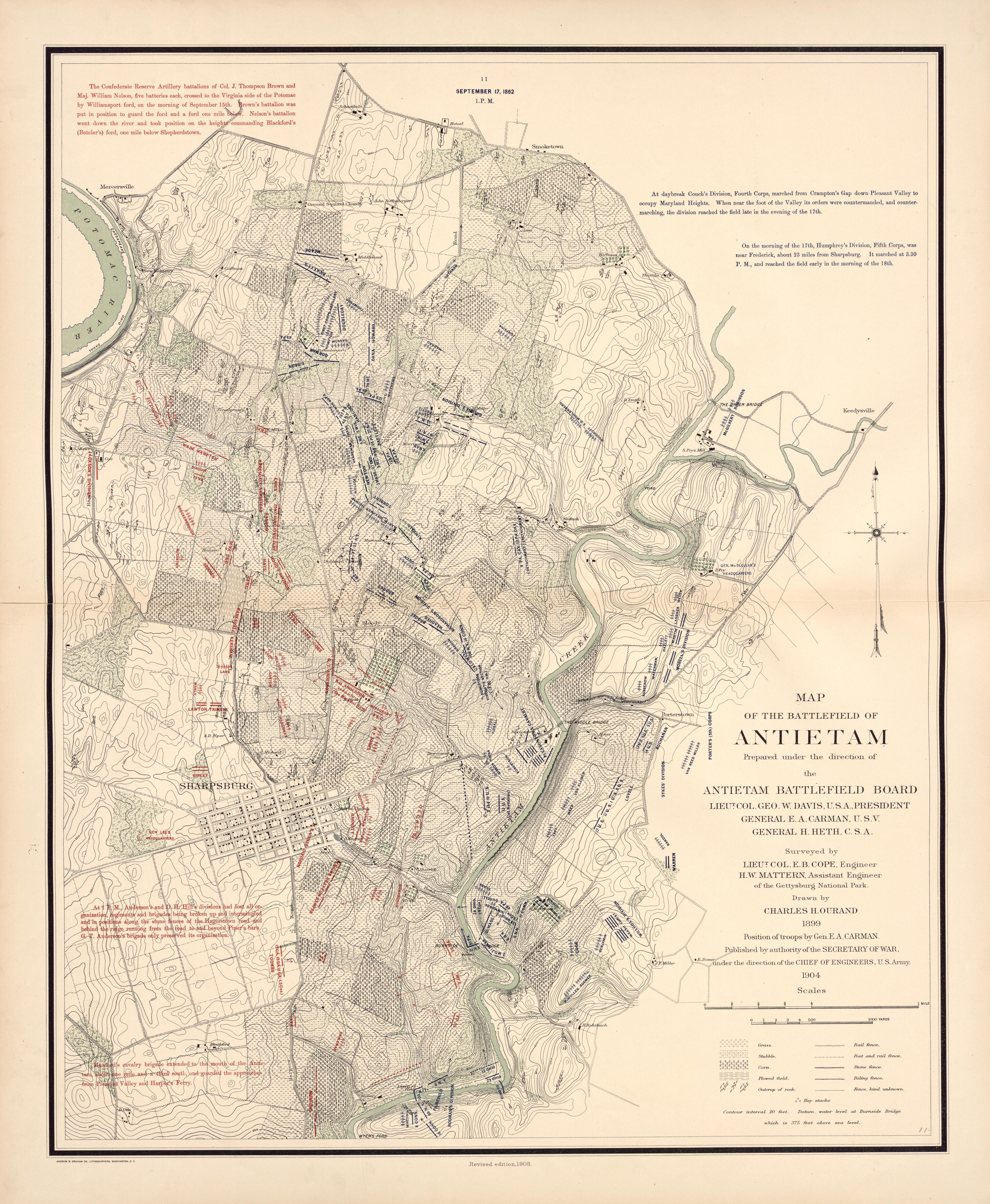 Map of the Battlefield of Antietam, Sept. 17th - 1:00PM from Atlas of the Battlefield of Antietam, Prepared Under the Direction of the Antietam Battlefield Board, Lieut. Col. Geo. W. Davis, U.S.A., President, Gen. E.A. Carman, U.S.V., Gen. H Heth, C.S... by Relic Map Company