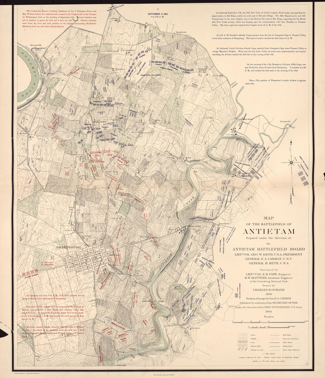 Map of the Battlefield of Antietam, Sept. 17th - 6:00-6:20AM from Atlas of the Battlefield of Antietam, Prepared Under the Direction of the Antietam Battlefield Board, Lieut. Col. Geo. W. Davis, U.S.A., President, Gen. E.A. Carman, U.S.V., Gen. H Heth... by Relic Map Company