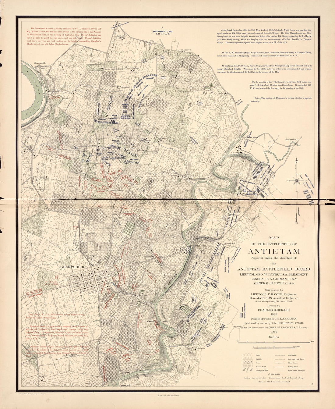 Map of the Battlefield of Antietam, Sept. 17th - 6:45-7:00AM from Atlas of the Battlefield of Antietam, Prepared Under the Direction of the Antietam Battlefield Board, Lieut. Col. Geo. W. Davis, U.S.A., President, Gen. E.A. Carman, U.S.V., Gen. H Heth... by Relic Map Company