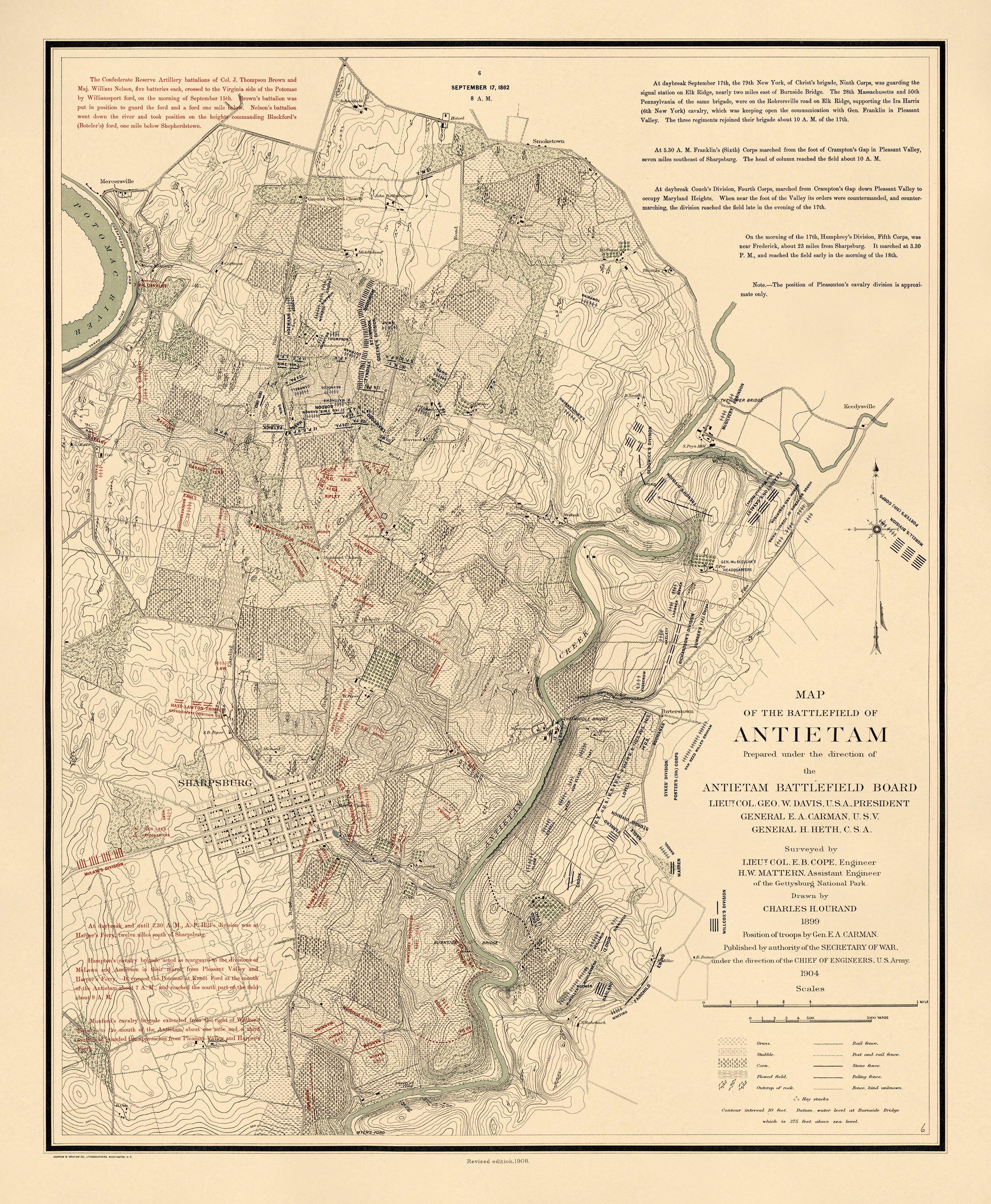 Map of the Battlefield of Antietam, Sept. 17th - 8:00AM from Atlas of the Battlefield of Antietam, Prepared Under the Direction of the Antietam Battlefield Board, Lieut. Col. Geo. W. Davis, U.S.A., President, Gen. E.A. Carman, U.S.V., Gen. H Heth, C.S...