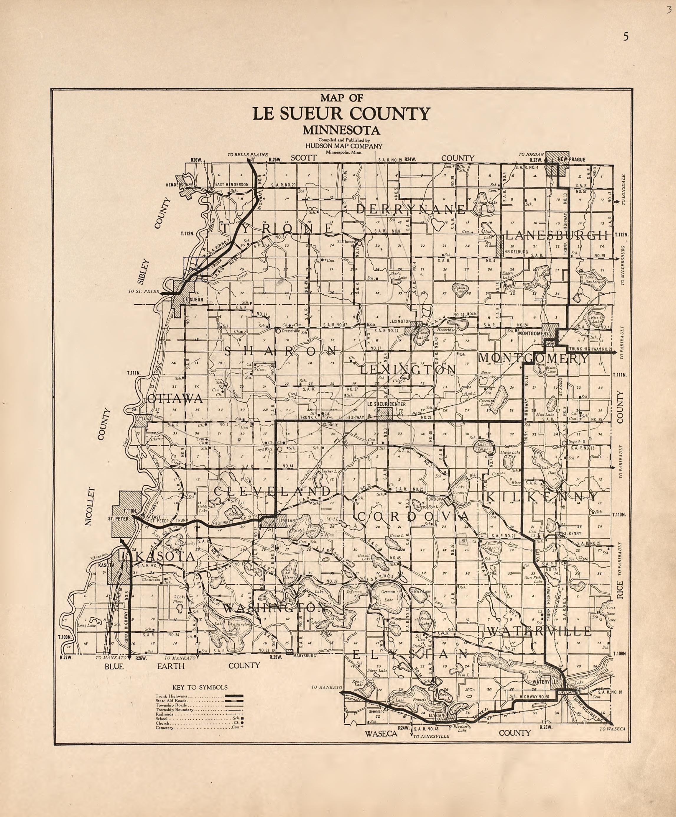 Map of Le Sueur County, Minnesota from Plat Book of Le Sueur County, Minnesota : Showing Township Plats, City and Village Plats, Sub-division Plats, County Map, Government Surveys, Patrons Directory, Minnesota History, County Officers, City and Villag... by Relic Map Company