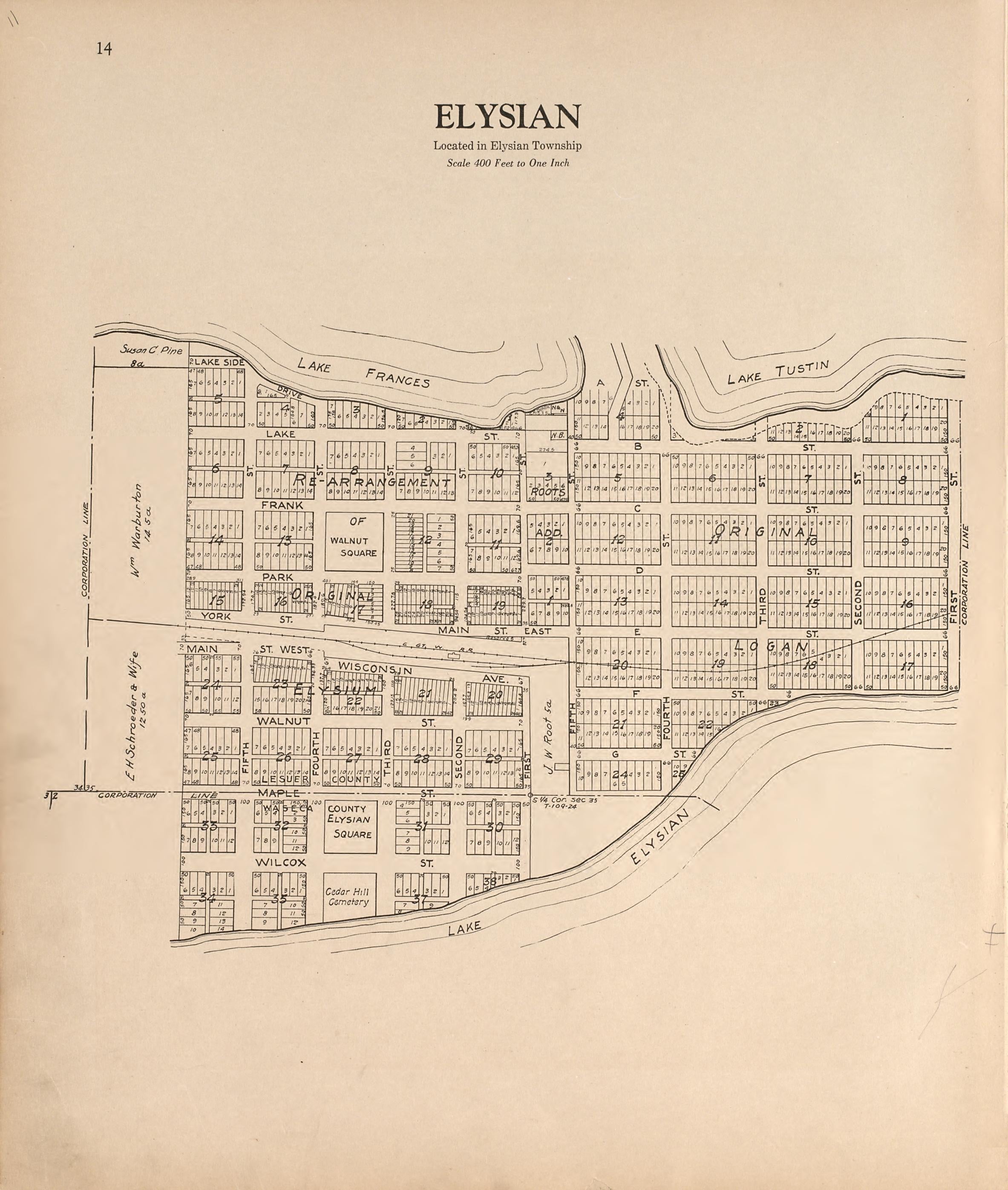 Elysian from Plat Book of Le Sueur County, Minnesota : Showing Township Plats, City and Village Plats, Sub-division Plats, County Map, Government Surveys, Patrons Directory, Minnesota History, County Officers, City and Village Officers, Etc 1928 by Relic Map Company