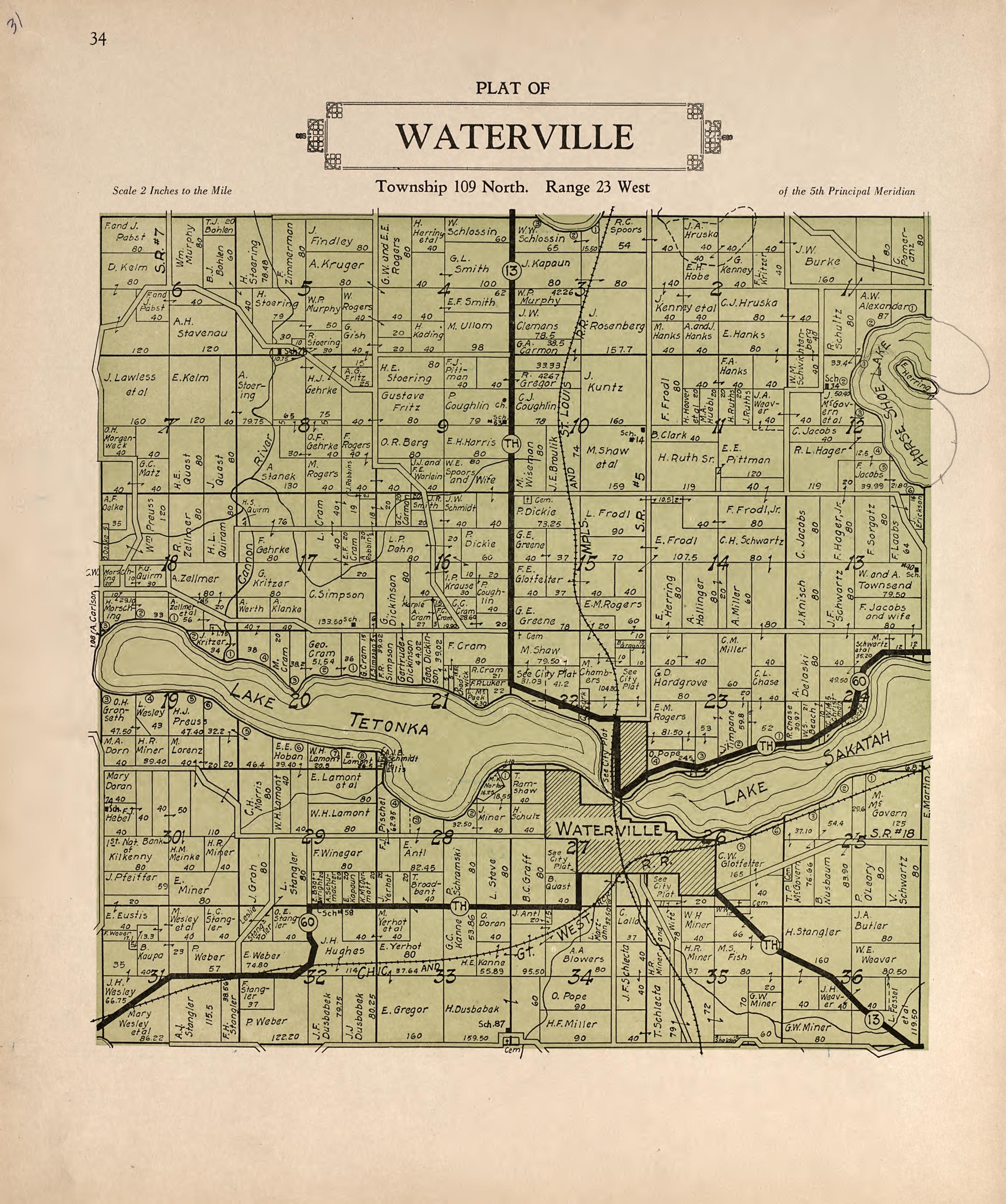 Plat of Waterville from Plat Book of Le Sueur County, Minnesota : Showing Township Plats, City and Village Plats, Sub-division Plats, County Map, Government Surveys, Patrons Directory, Minnesota History, County Officers, City and Village Officers, Etc... by Relic Map Company