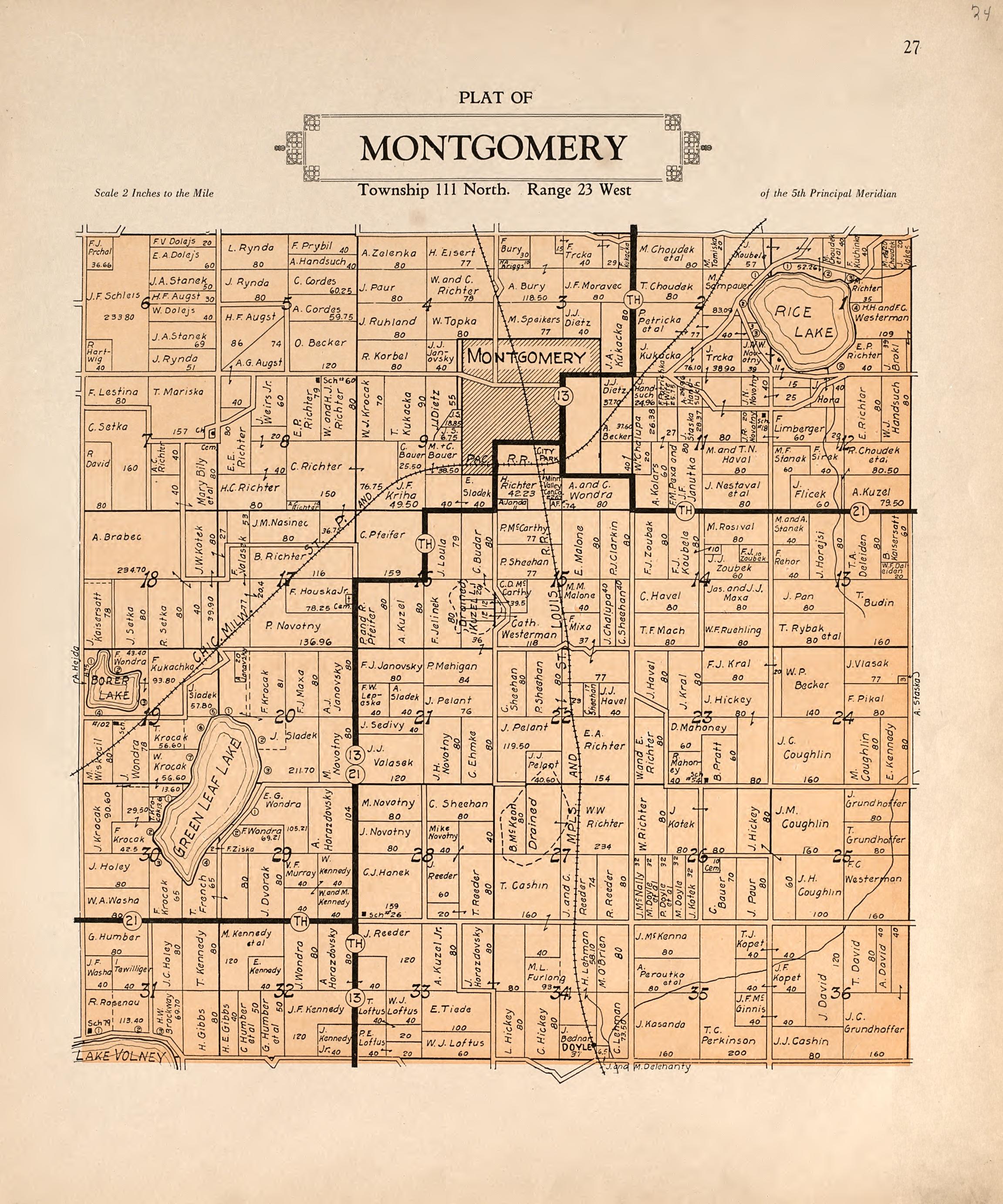 Plat of Montgomery from Plat Book of Le Sueur County, Minnesota : Showing Township Plats, City and Village Plats, Sub-division Plats, County Map, Government Surveys, Patrons Directory, Minnesota History, County Officers, City and Village Officers, Etc... by Relic Map Company