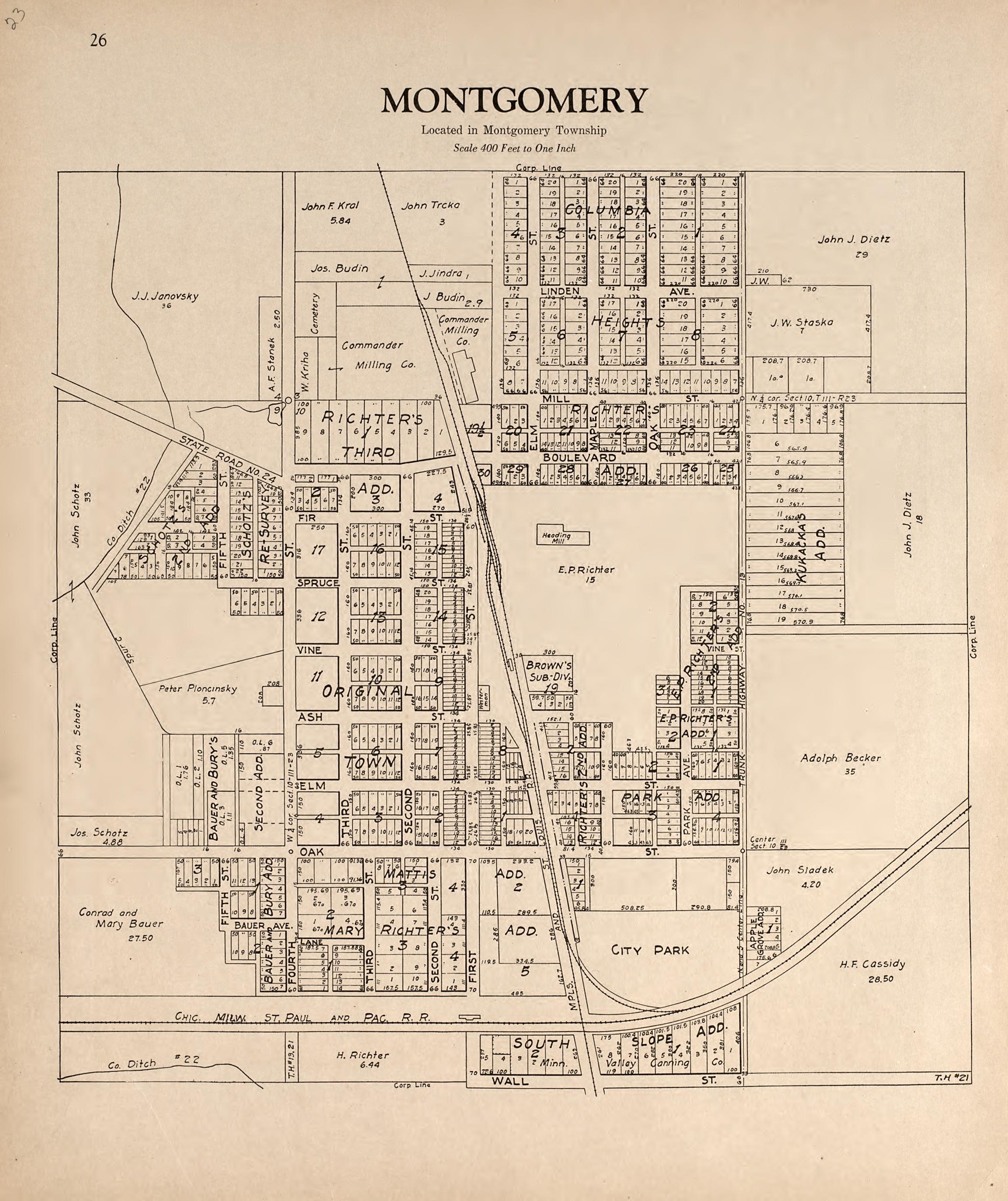 Montgomery from Plat Book of Le Sueur County, Minnesota : Showing Township Plats, City and Village Plats, Sub-division Plats, County Map, Government Surveys, Patrons Directory, Minnesota History, County Officers, City and Village Officers, Etc 1928 by Relic Map Company