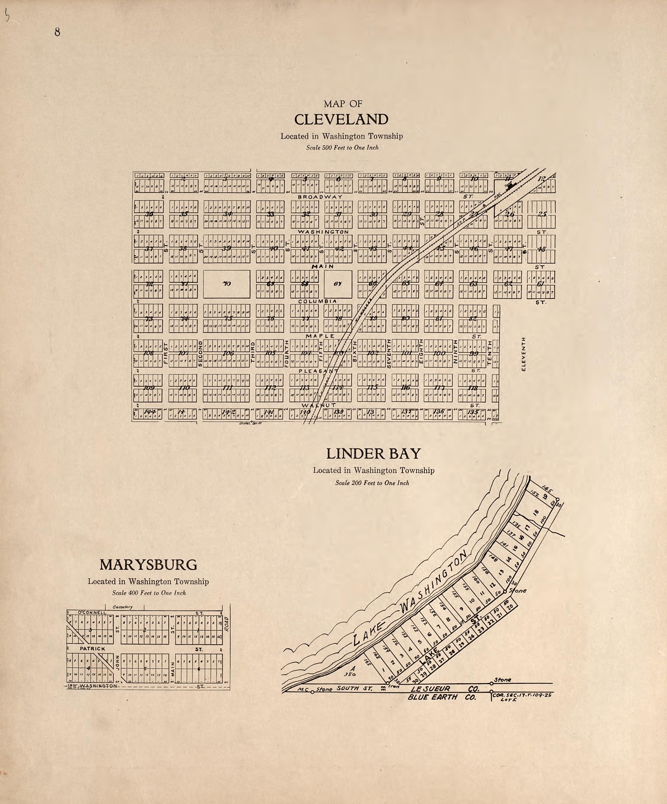Map of Cleveland; Linder Bay; Marysburg from Plat Book of Le Sueur County, Minnesota : Showing Township Plats, City and Village Plats, Sub-division Plats, County Map, Government Surveys, Patrons Directory, Minnesota History, County Officers, City and ... by Relic Map Company