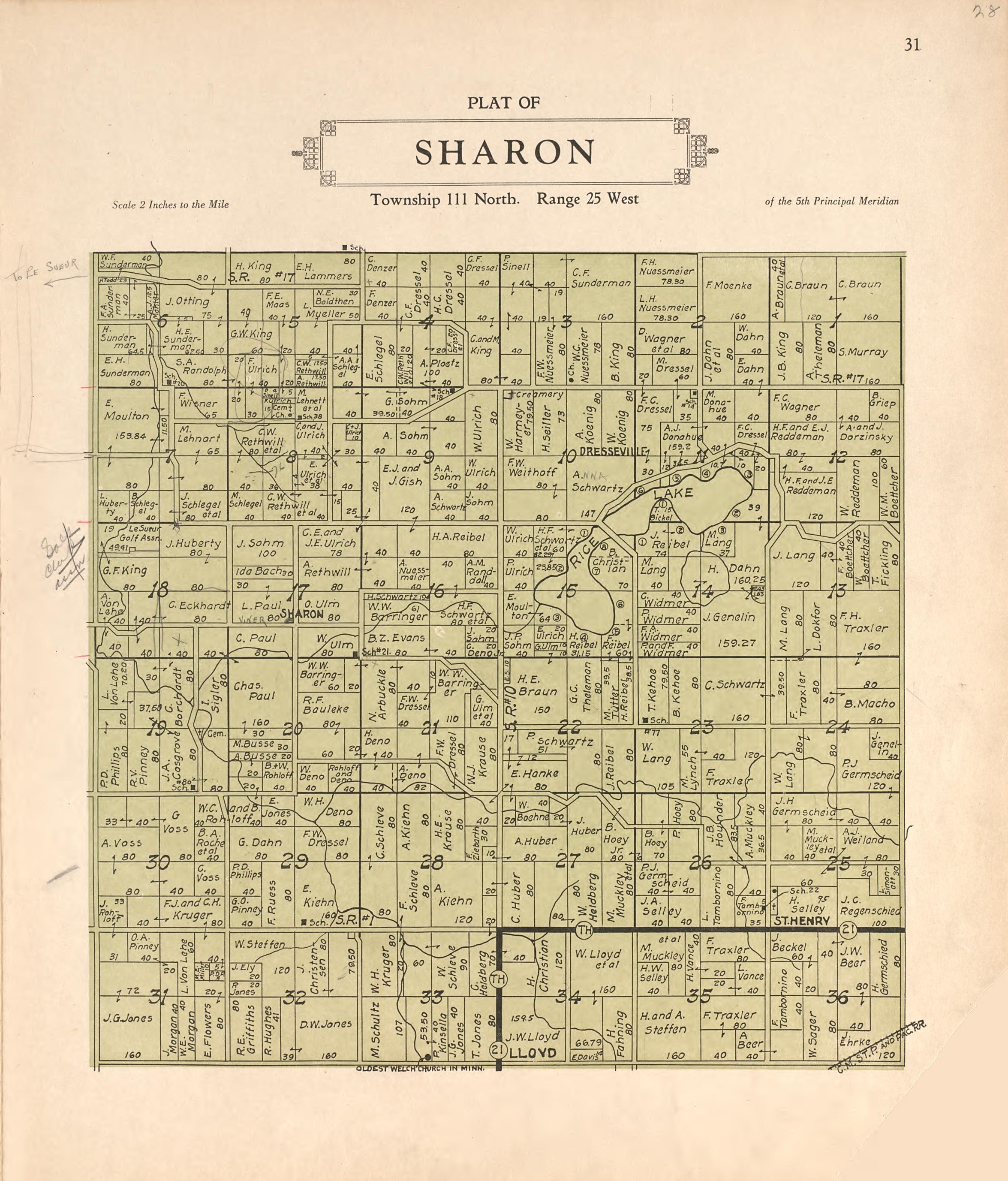 Plat of Sharon from Plat Book of Le Sueur County, Minnesota : Showing Township Plats, City and Village Plats, Sub-division Plats, County Map, Government Surveys, Patrons Directory, Minnesota History, County Officers, City and Village Officers, Etc 1928 by Relic Map Company