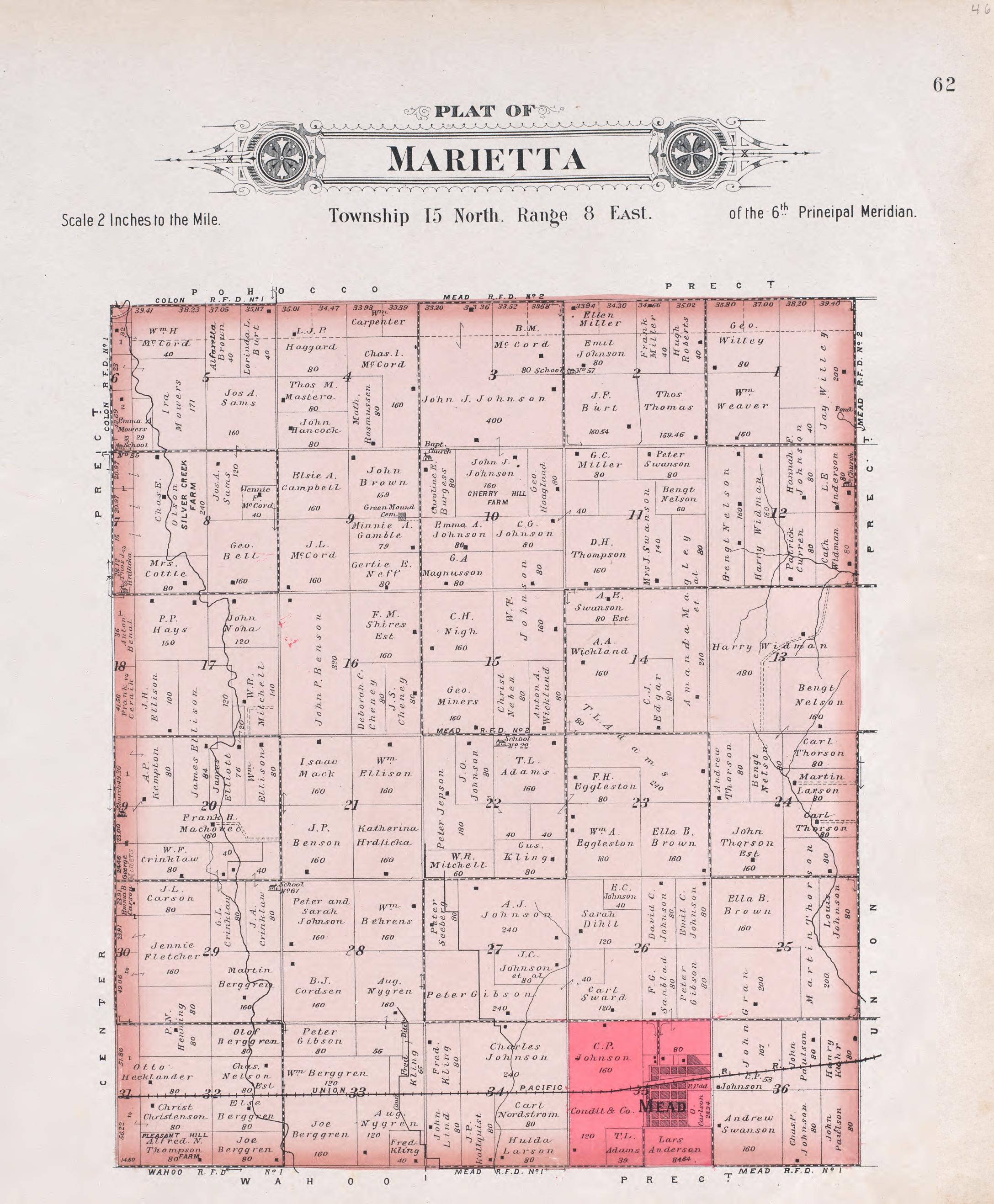 Marietta from Plat Book of Saunders County, Nebraska : Containing Carefully Prepared Township Plats, Village Plats, Analysis of U.S. Land System, Leading Farmers Directory : Illustrated 1907 by Relic Map Company