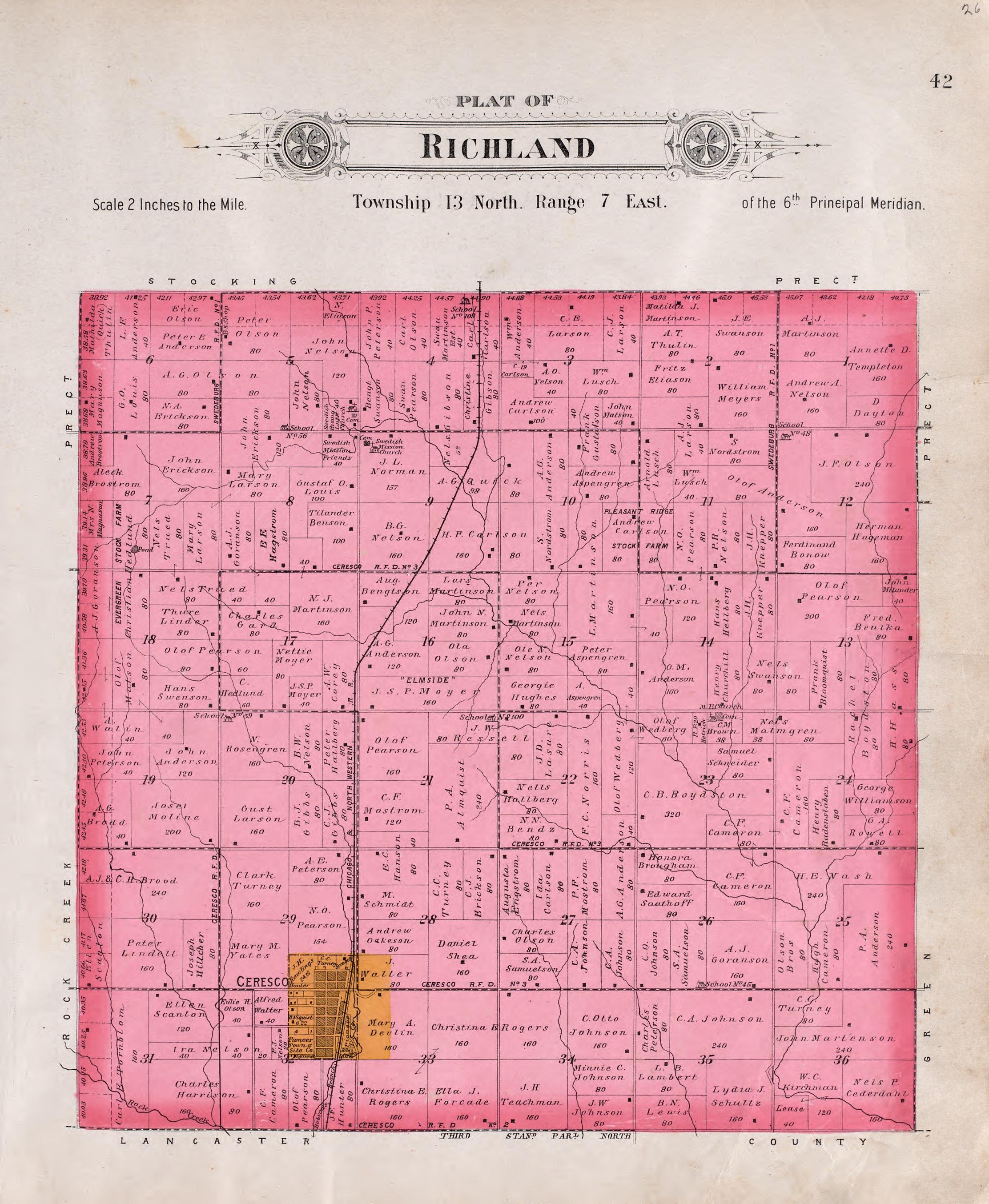Richland from Plat Book of Saunders County, Nebraska : Containing Carefully Prepared Township Plats, Village Plats, Analysis of U.S. Land System, Leading Farmers Directory : Illustrated 1907 by Relic Map Company