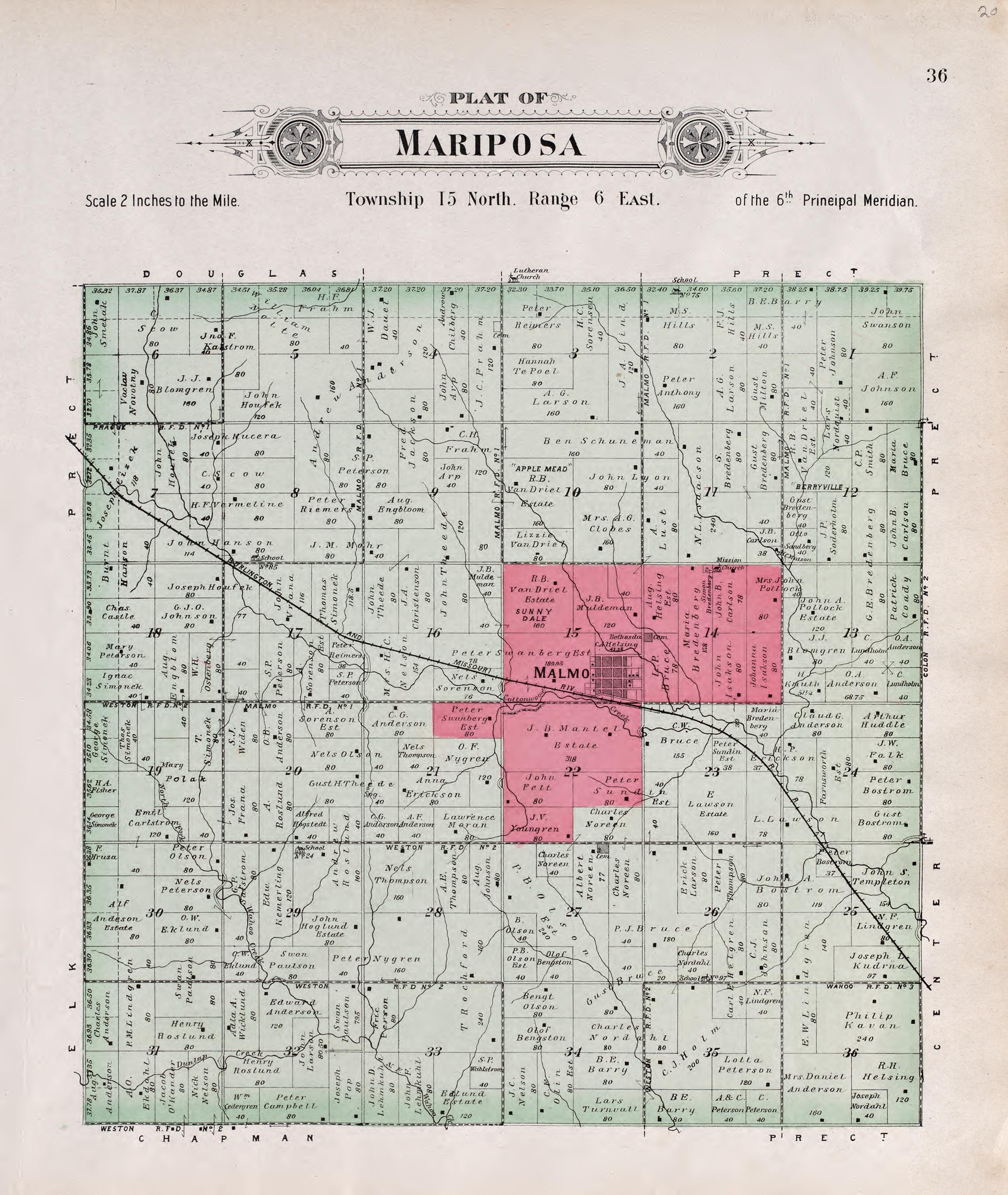 Mariposa from Plat Book of Saunders County, Nebraska : Containing Carefully Prepared Township Plats, Village Plats, Analysis of U.S. Land System, Leading Farmers Directory : Illustrated 1907 by Relic Map Company