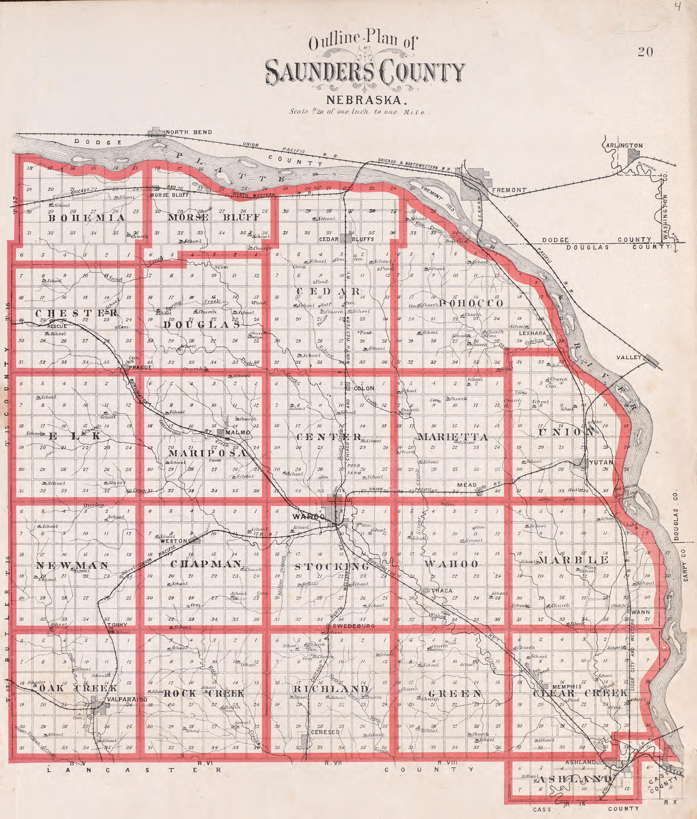 Outline Plan of Saunders County, NE from Plat Book of Saunders County, Nebraska : Containing Carefully Prepared Township Plats, Village Plats, Analysis of U.S. Land System, Leading Farmers Directory : Illustrated 1907 by Relic Map Company