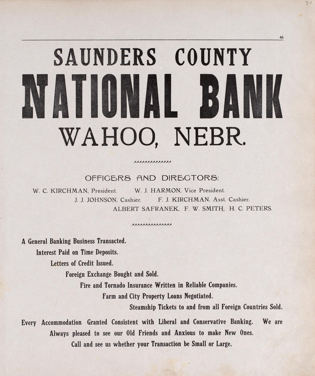 Saunders County National Bank, Wahoo, NE from Plat Book of Saunders County, Nebraska : Containing Carefully Prepared Township Plats, Village Plats, Analysis of U.S. Land System, Leading Farmers Directory : Illustrated 1907 by Relic Map Company