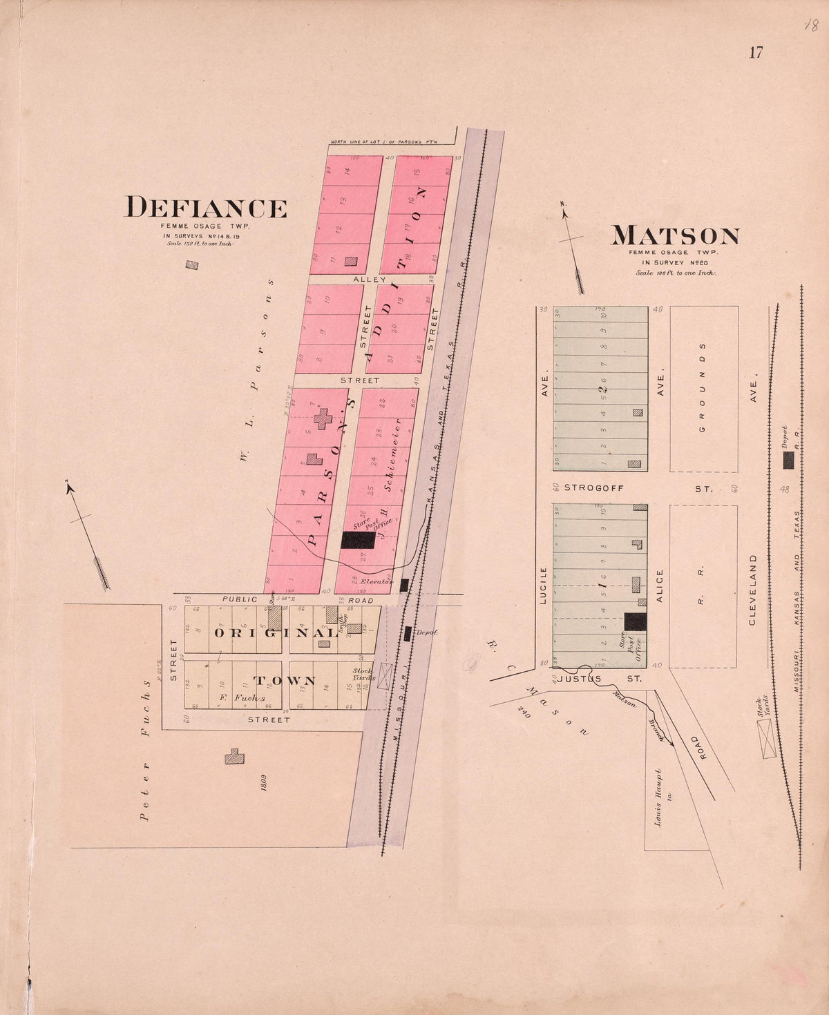 Defiance & Matson from Plat Book of St. Charles County, Missouri : Compiled from County Records and Actual Surveys 1905 by Relic Map Company