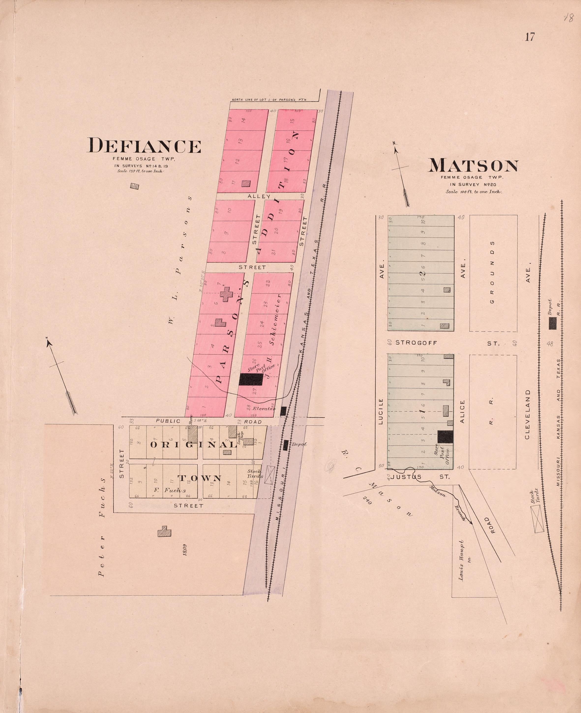 Defiance & Matson from Plat Book of St. Charles County, Missouri : Compiled from County Records and Actual Surveys 1905 by Relic Map Company