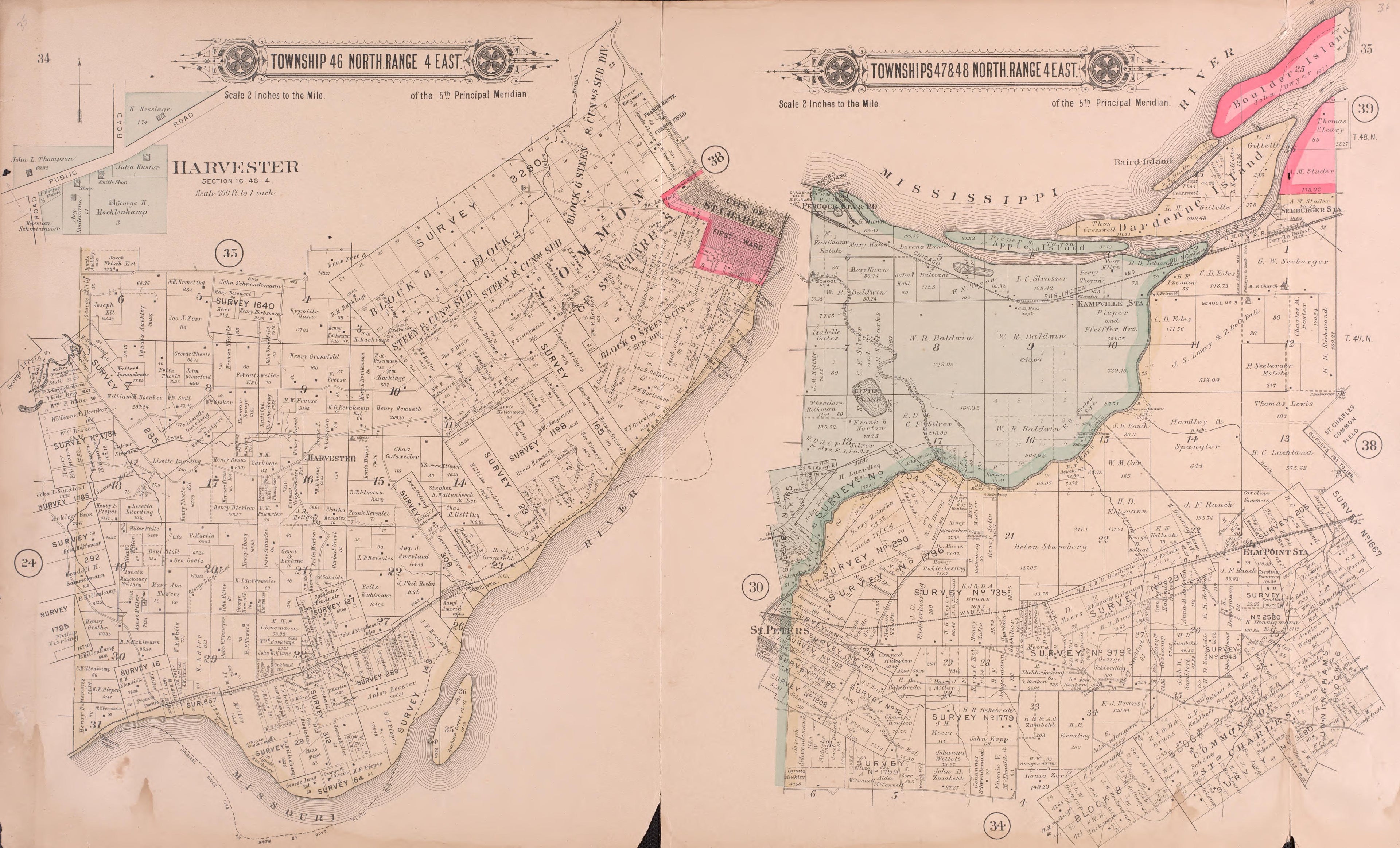 Twp 46 North Range 4 East / Twps 47 & 48 North Range 4 East from Plat Book of St. Charles County, Missouri : Compiled from County Records and Actual Surveys 1905 by Relic Map Company