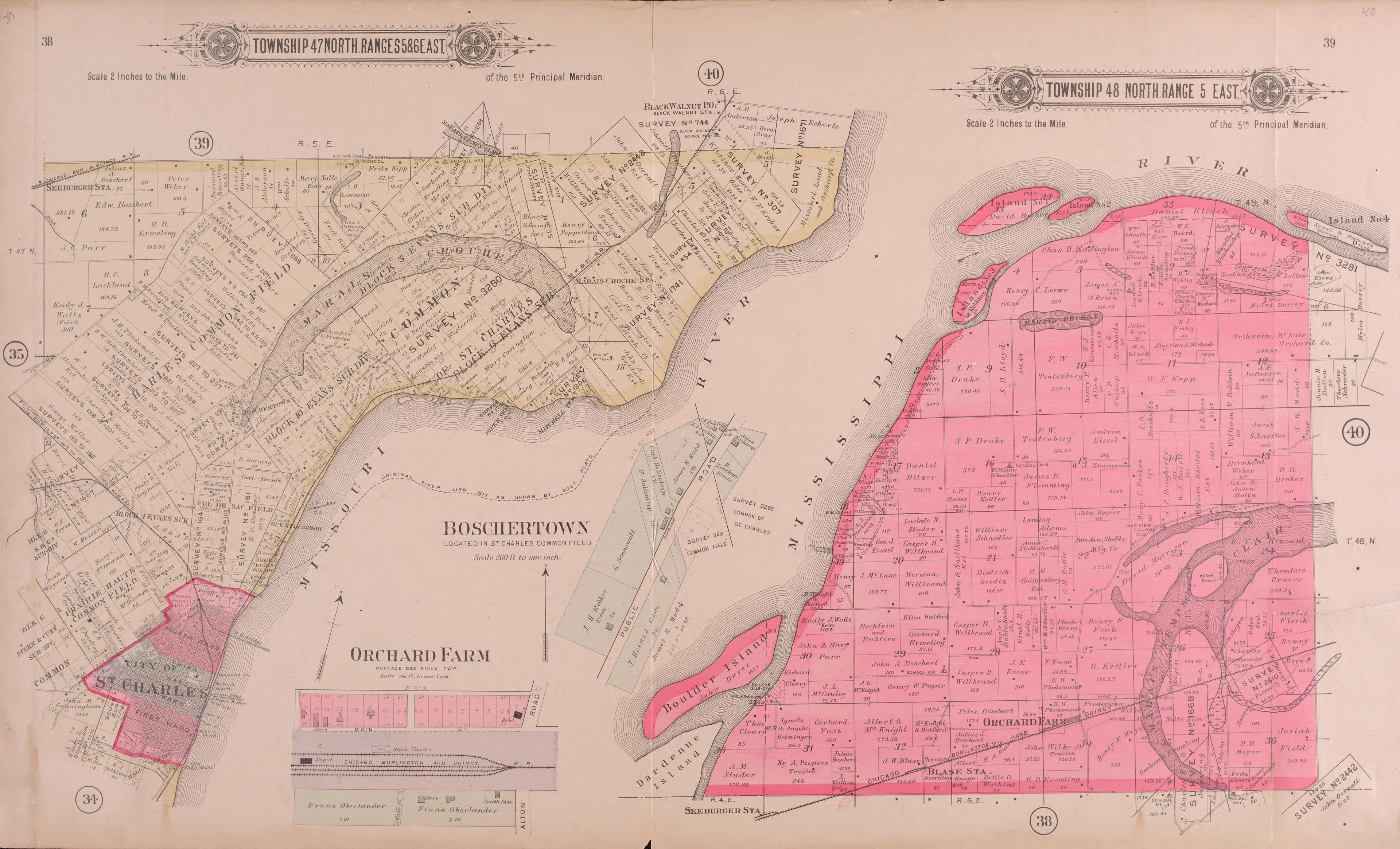 Twp 47 North Ranges 5 & 6 East / Twp 48 North Range 5 East from Plat Book of St. Charles County, Missouri : Compiled from County Records and Actual Surveys 1905 by Relic Map Company