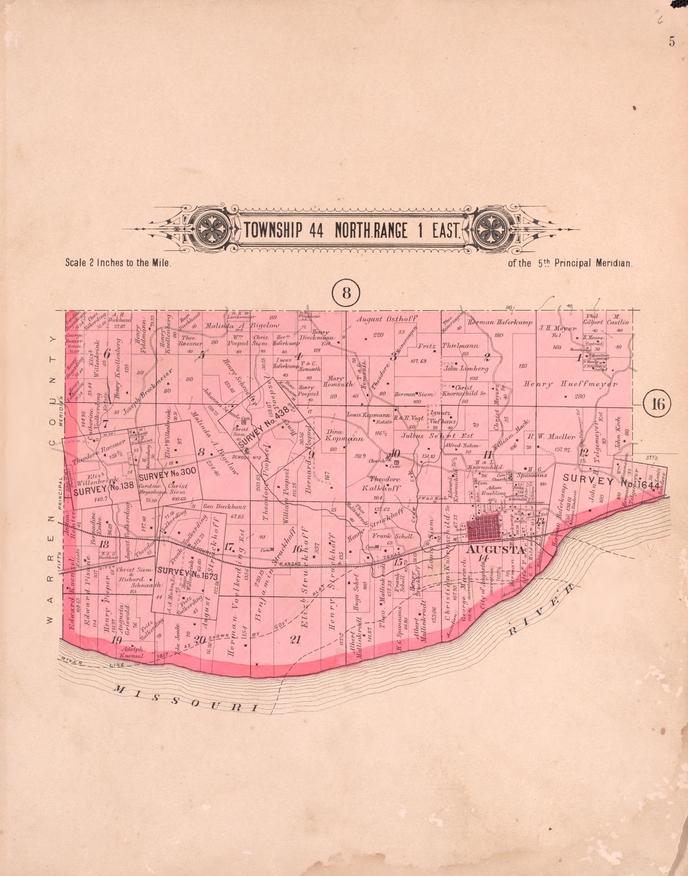 Twp 44 North Range 1 East from Plat Book of St. Charles County, Missouri : Compiled from County Records and Actual Surveys 1905 by Relic Map Company