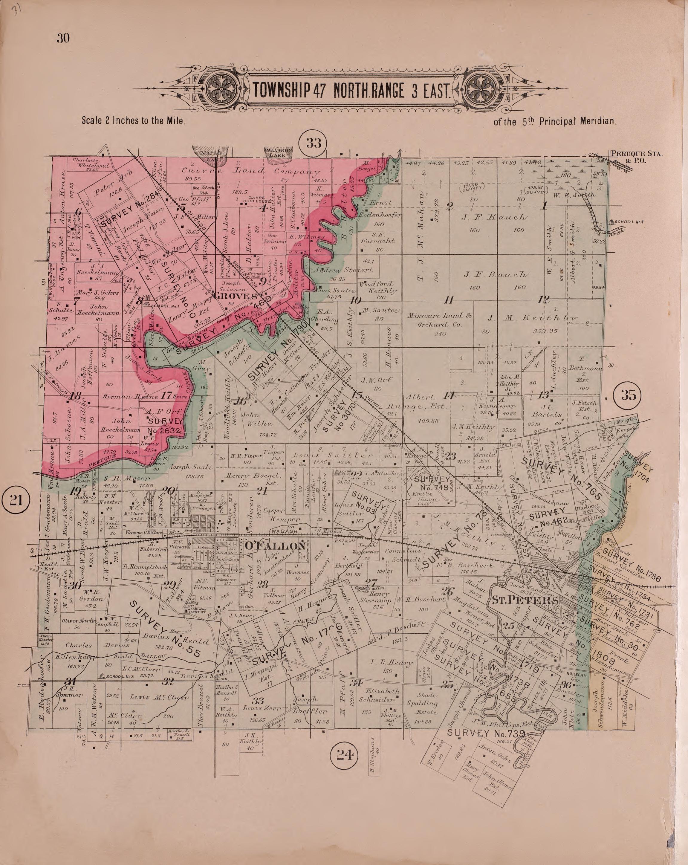 Twp 47 North Range 3 East from Plat Book of St. Charles County, Missouri : Compiled from County Records and Actual Surveys 1905 by Relic Map Company