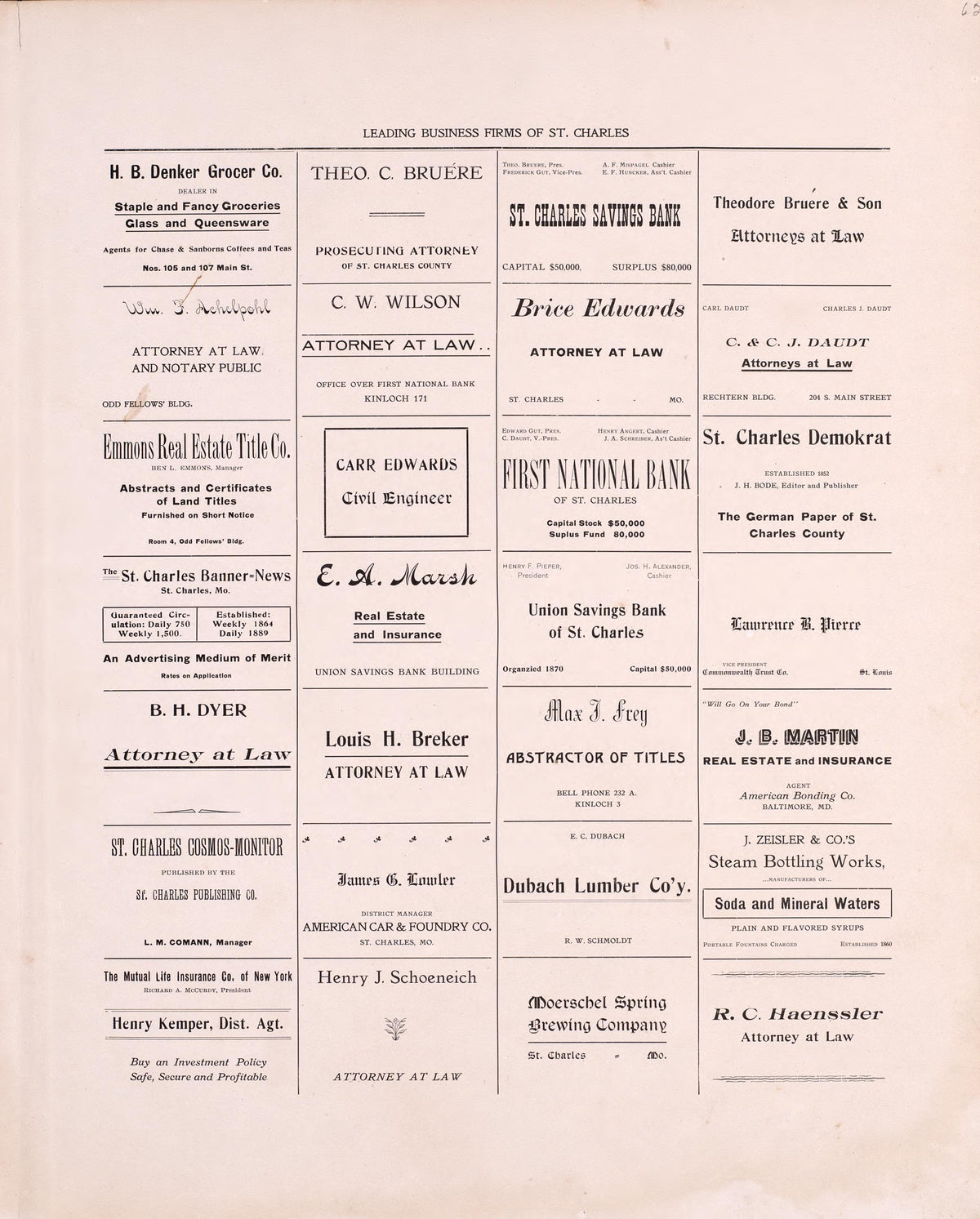 Leading Business Firms of St. Charles (continued) from Plat Book of St. Charles County, Missouri : Compiled from County Records and Actual Surveys 1905 by Relic Map Company