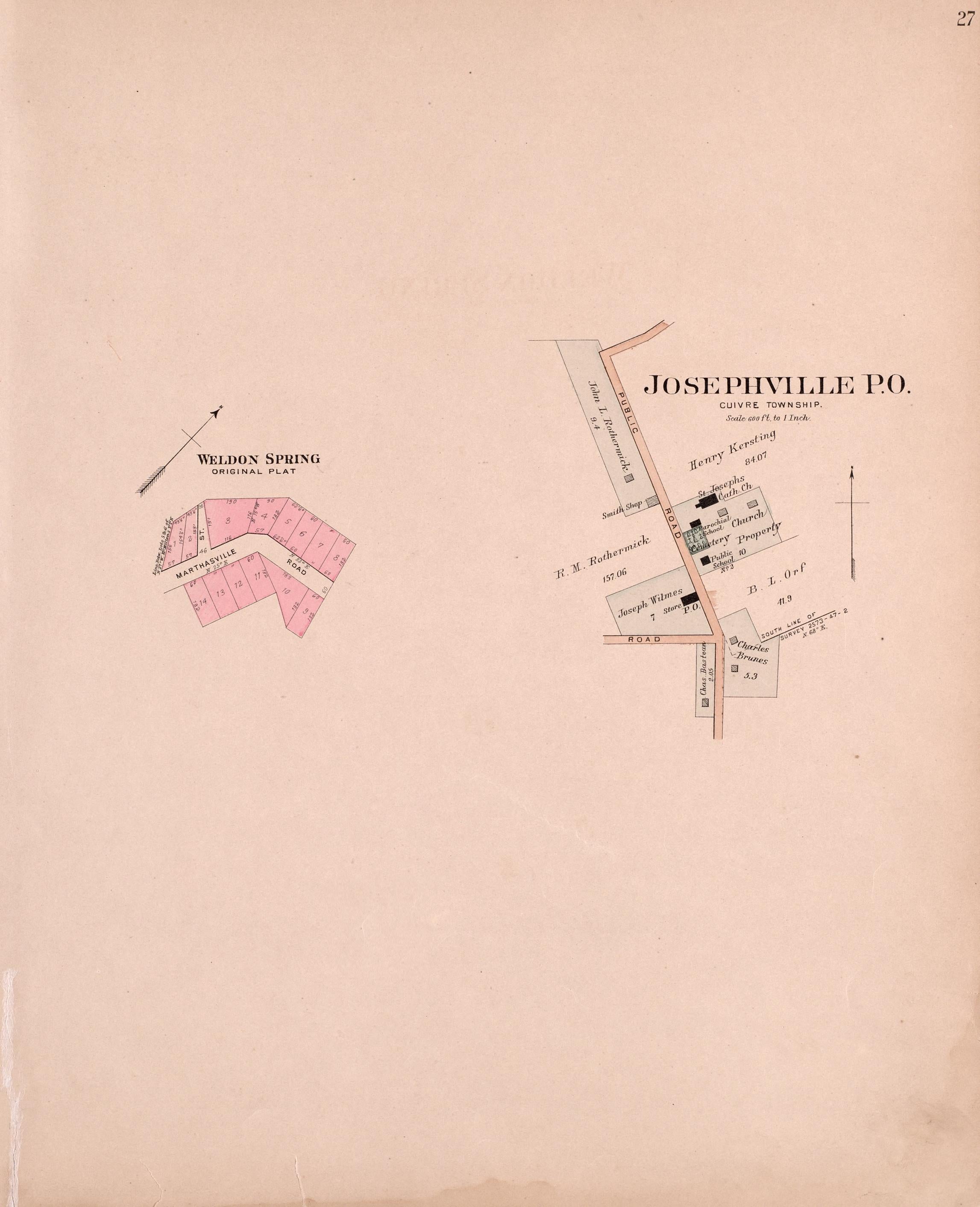 Weldon Spring & Josephville P.O. from Plat Book of St. Charles County, Missouri : Compiled from County Records and Actual Surveys 1905 by Relic Map Company