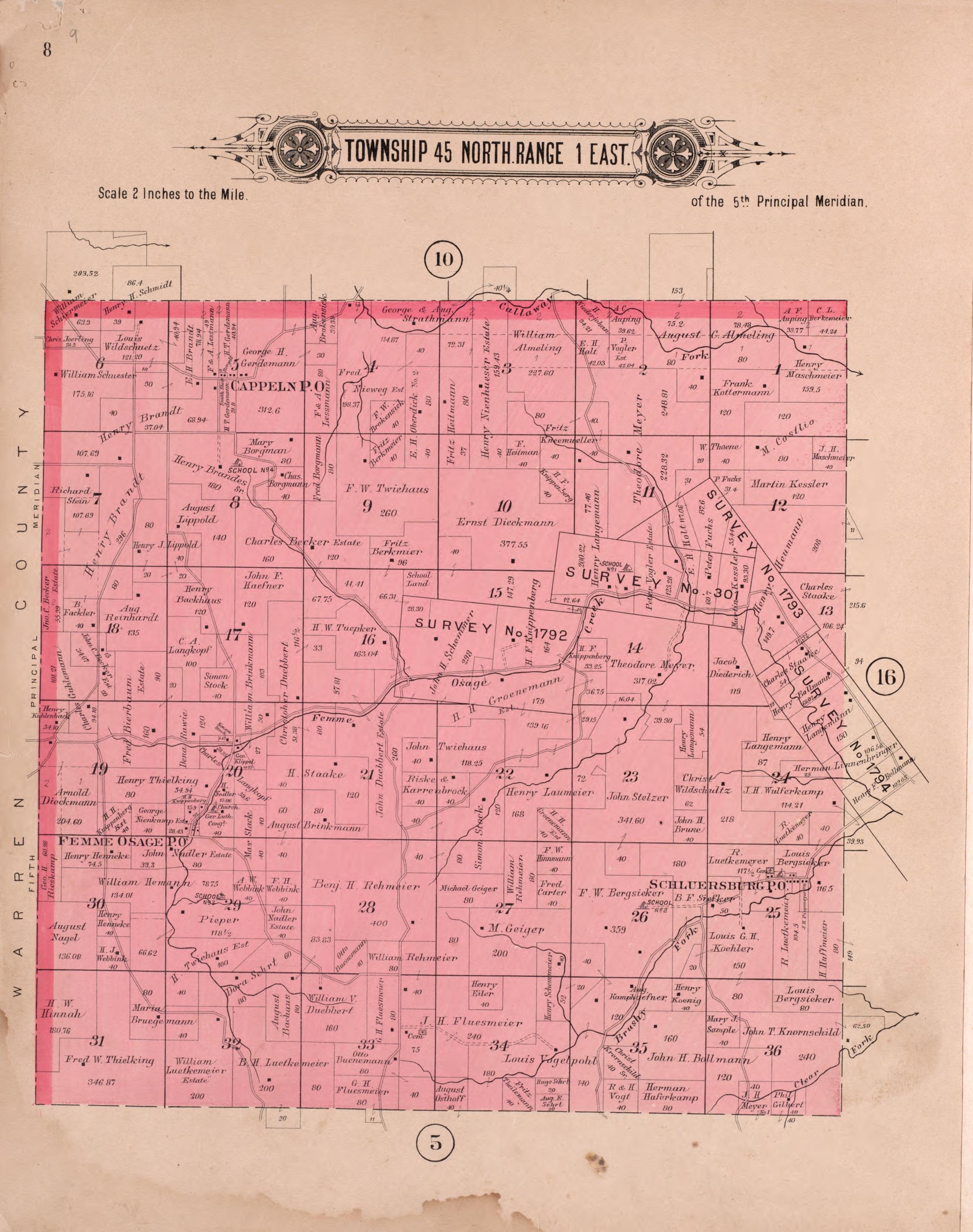 Twp 45 North Range 1 East from Plat Book of St. Charles County, Missouri : Compiled from County Records and Actual Surveys 1905 by Relic Map Company