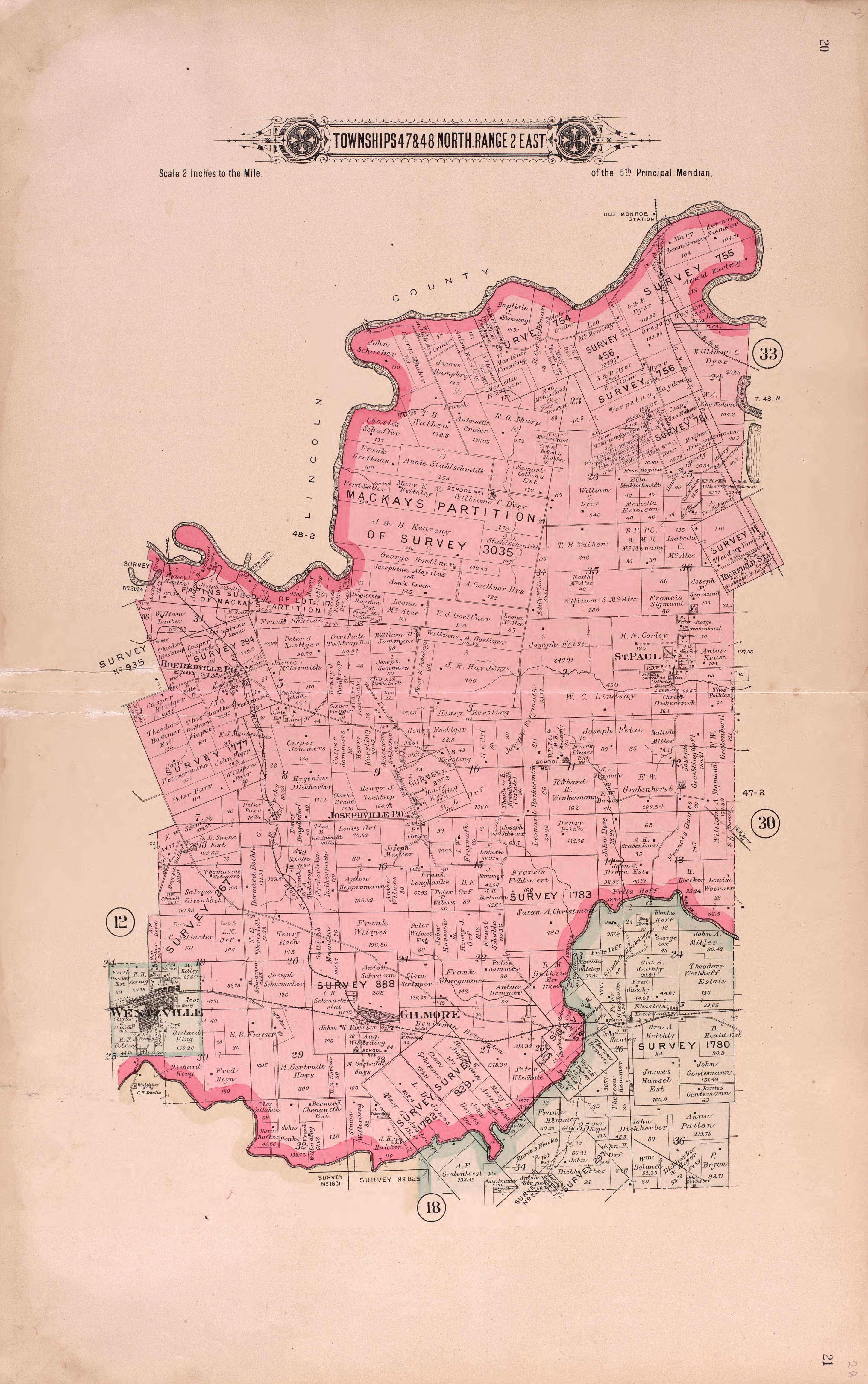 Twps 47 & 48 North Range 2 East from Plat Book of St. Charles County, Missouri : Compiled from County Records and Actual Surveys 1905 by Relic Map Company