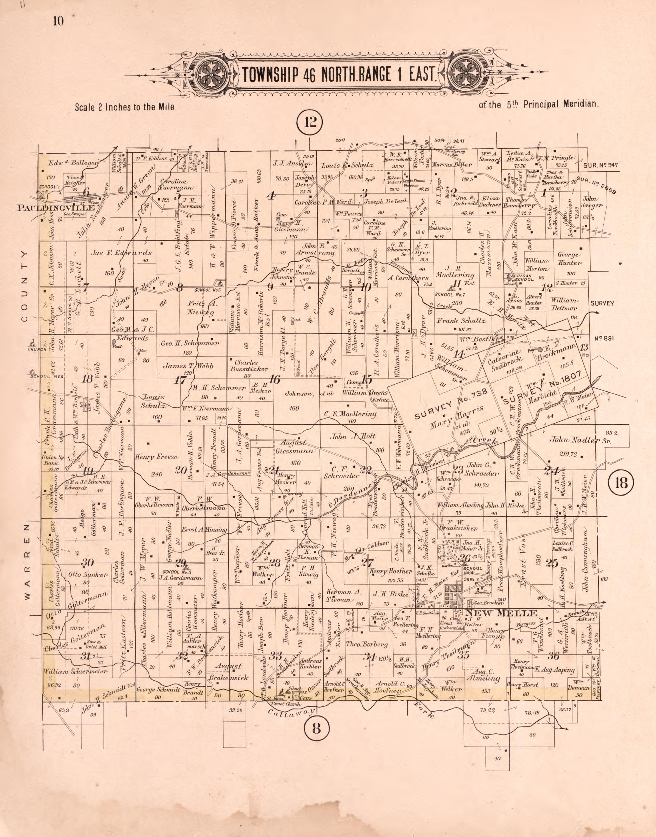 Twp 46 North Range 1 East from Plat Book of St. Charles County, Missouri : Compiled from County Records and Actual Surveys 1905 by Relic Map Company
