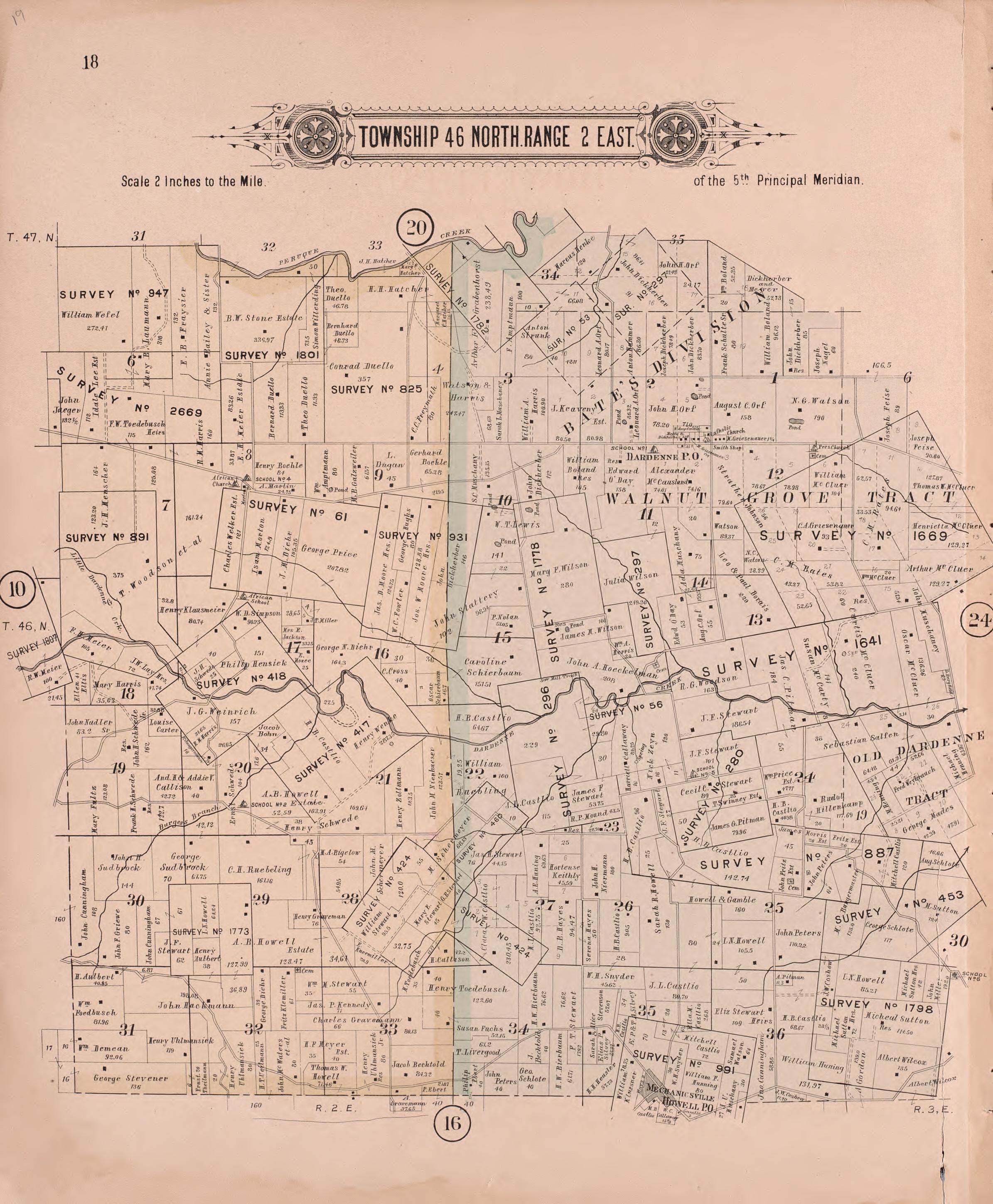 Twp 46 North Range 2 East from Plat Book of St. Charles County, Missouri : Compiled from County Records and Actual Surveys 1905 by Relic Map Company