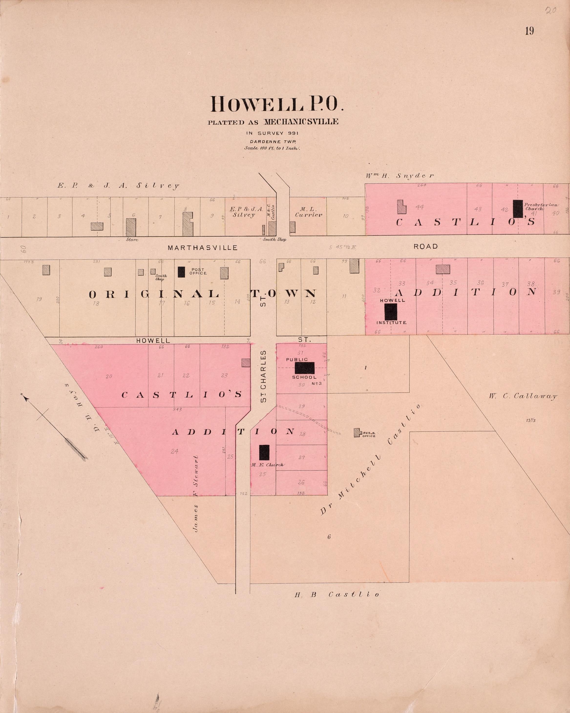 Howell P.O. from Plat Book of St. Charles County, Missouri : Compiled from County Records and Actual Surveys 1905 by Relic Map Company
