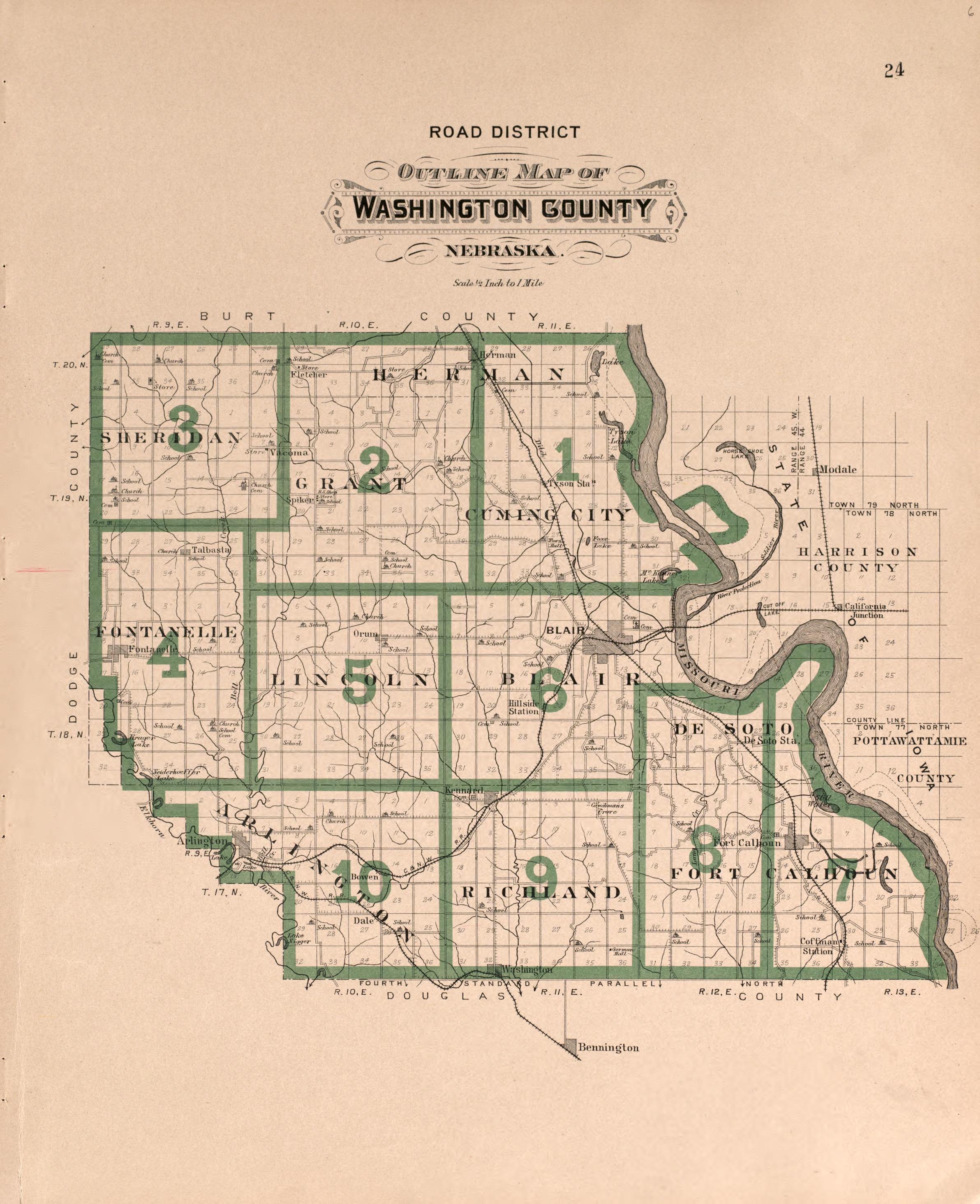 Road District Map of Washington County from Plat Book of Washington County, Nebraska : Containing Carefully Prepared Township Plats, Village Plats, Analysis of U.S. Land System, State, United States and World Maps : Illustrated 1908 by Relic Map Company